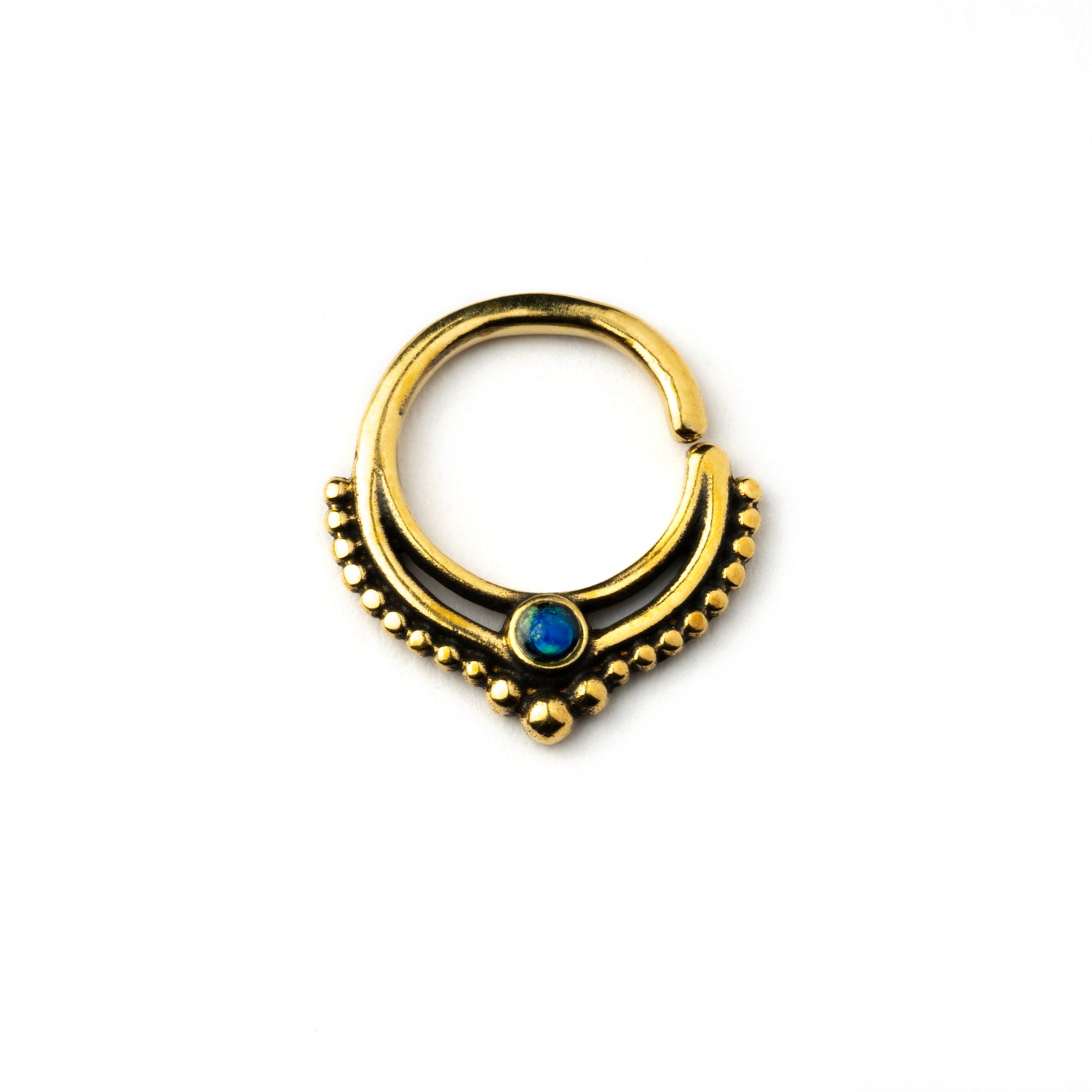 golden brass teardrop Deva septum ring with Blue Opal frontal view