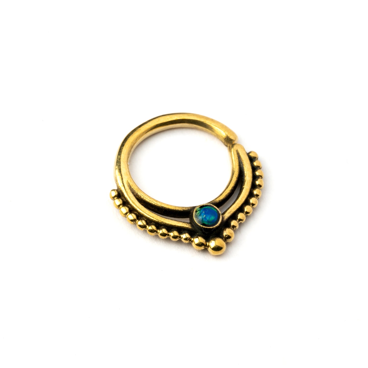 golden brass teardrop Deva septum ring with Blue Opal left side view