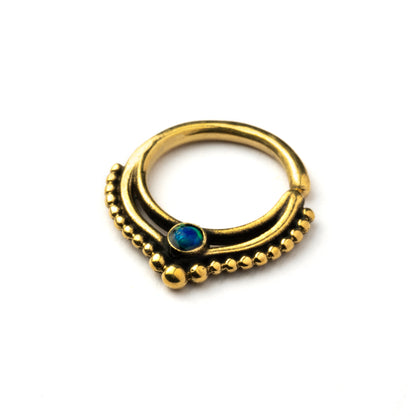 golden brass teardrop Deva septum ring with Blue Opal right side view