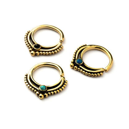 golden brass teardrop Deva septum rings with Opal, Onyx, Turquoise frontal view