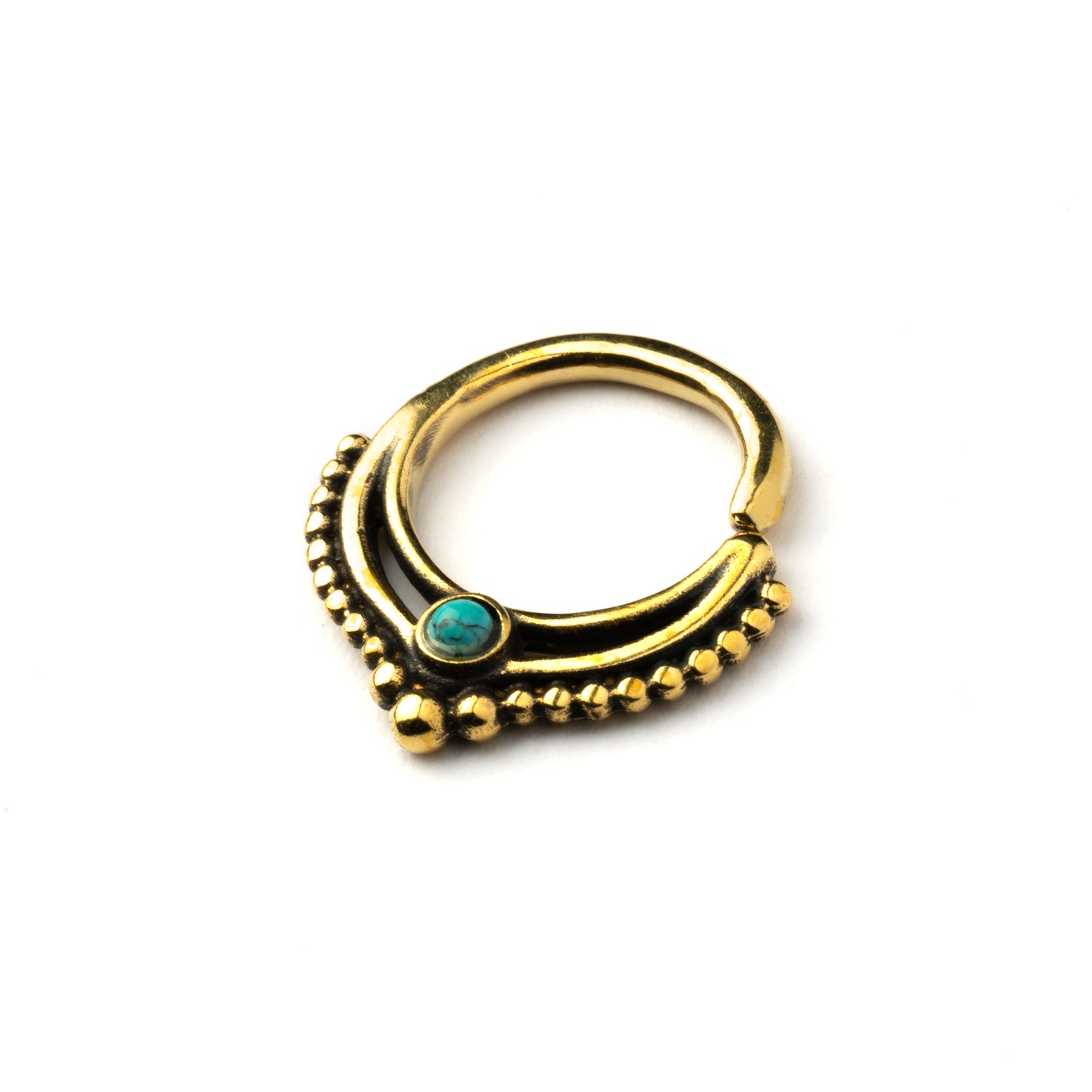 golden brass teardrop Deva septum ring with Turquoise right side view
