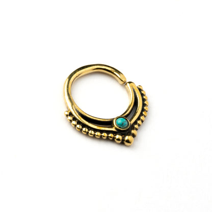 golden brass teardrop Deva septum ring with Turquoise left side view