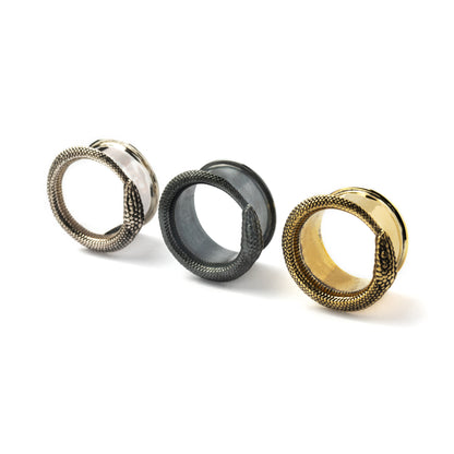 Ouroboros black silver, silver and brass ear tunnels 