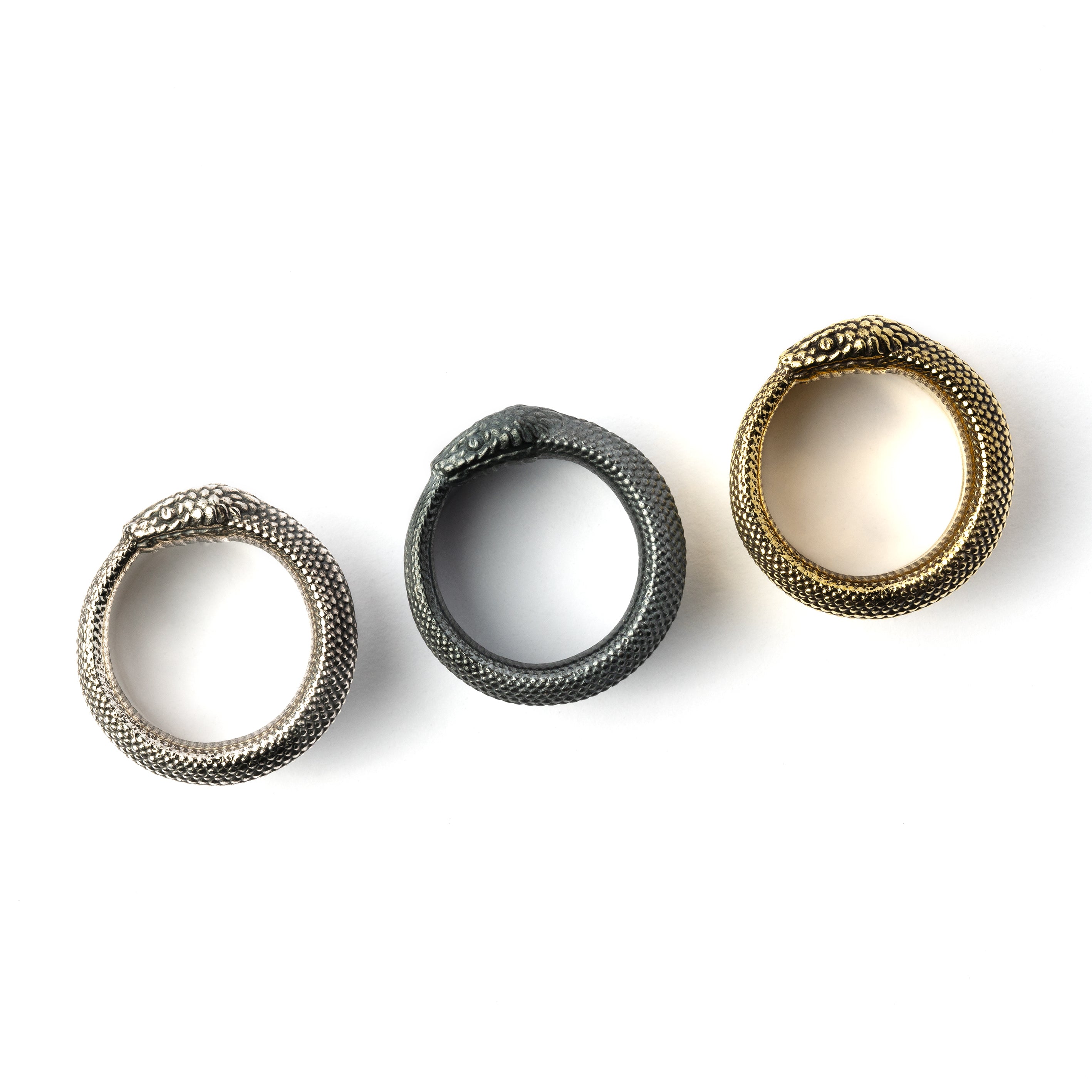 Ouroboros black silver, silver and brass ear tunnels frontal view