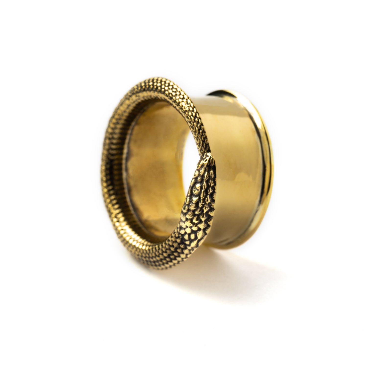 single Ouroboros golden brass ear tunnels side view