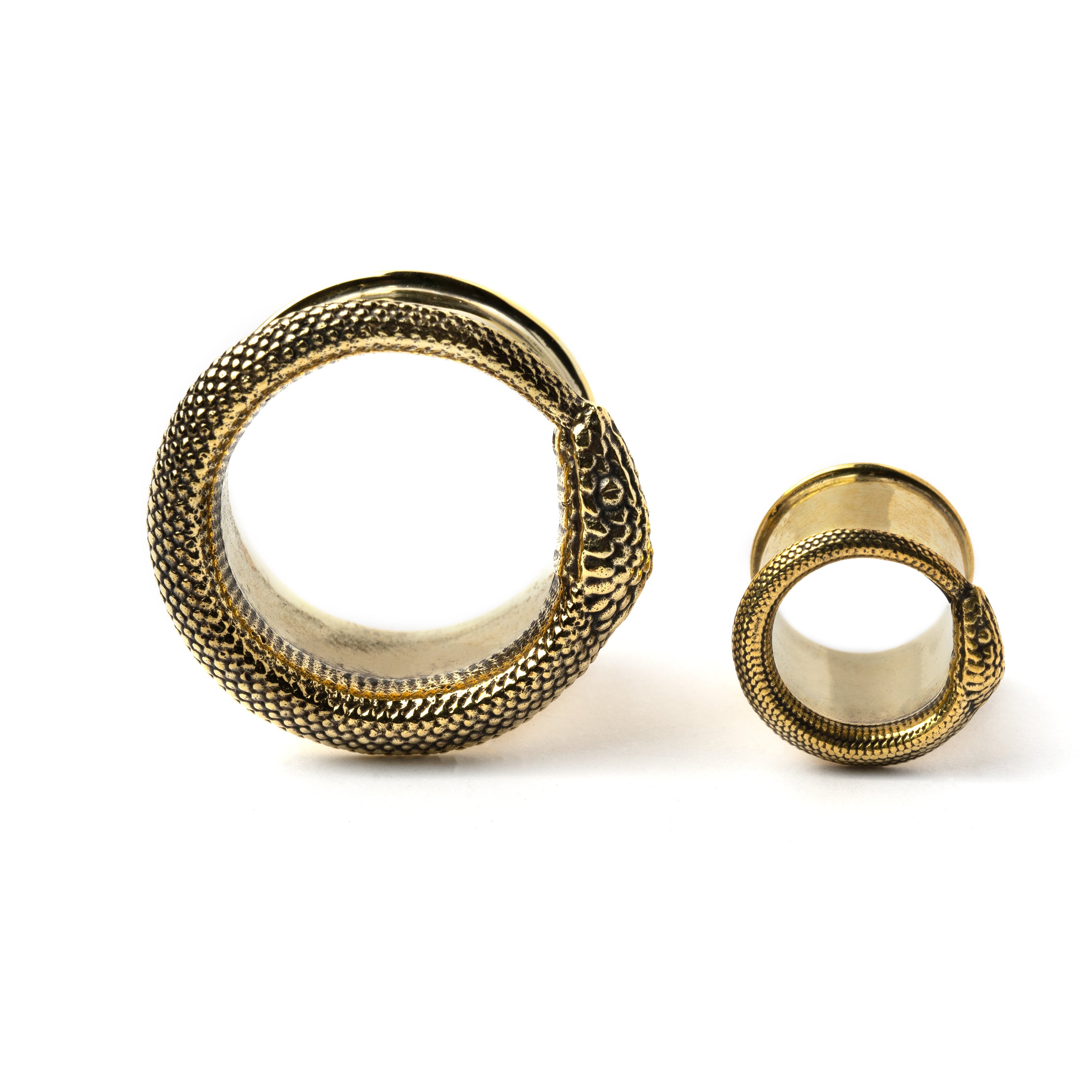 two sizes of Ouroboros golden brass ear tunnels frontal view