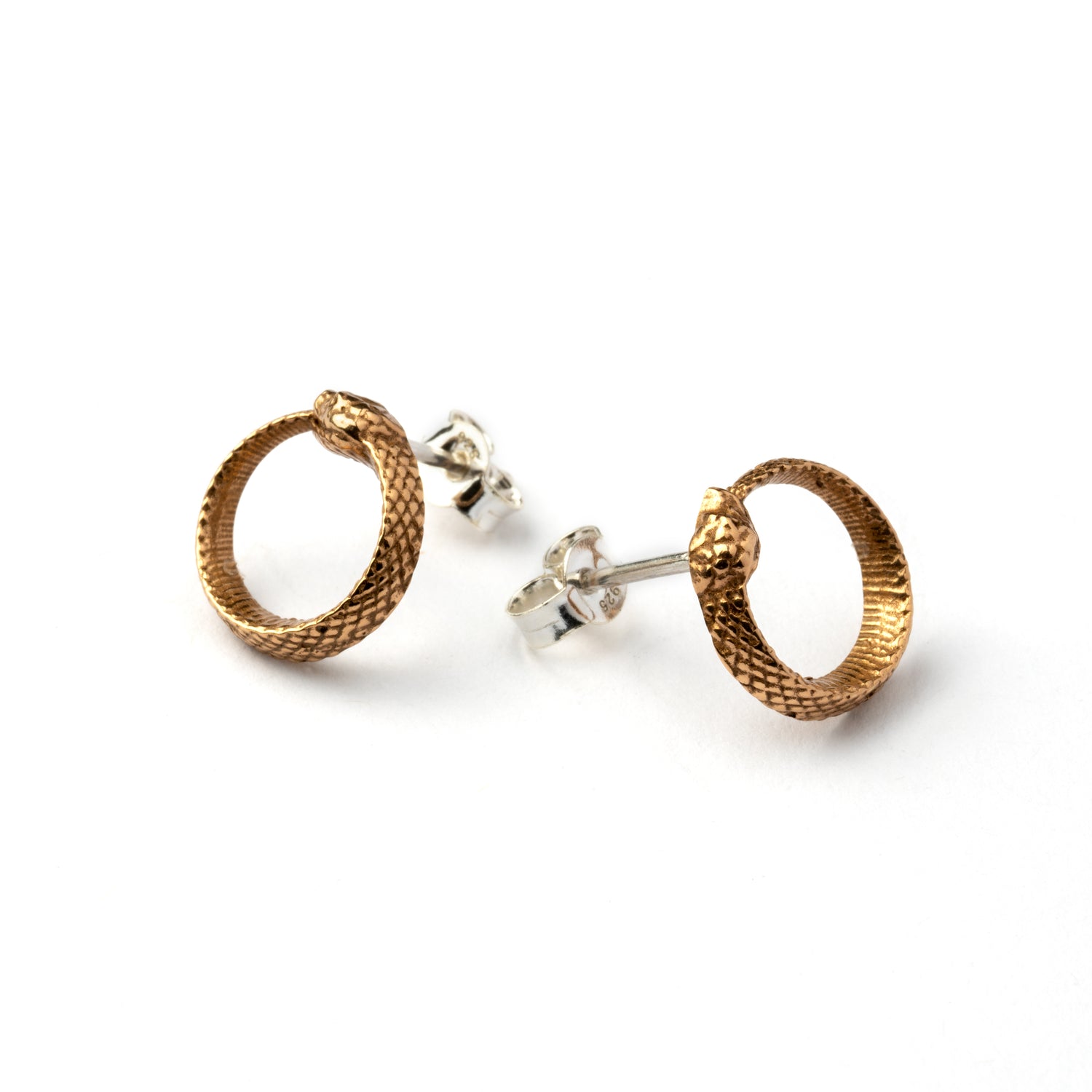 Ouroboros snake Bronze Ear Studs front and side view
