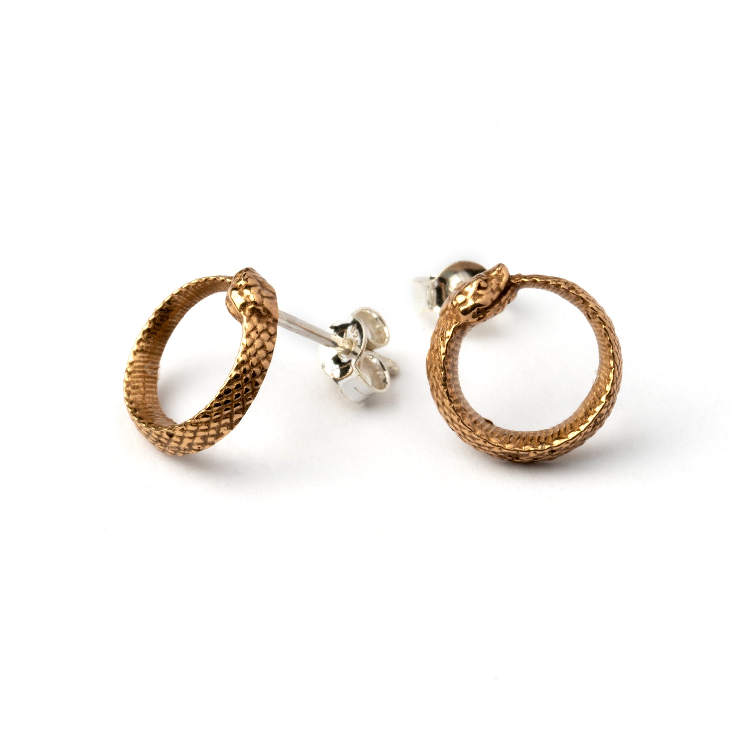 Ouroboros snake Bronze Ear Studs front and back view