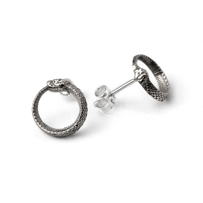 Ouroboros Silver Ear Studs front and back view