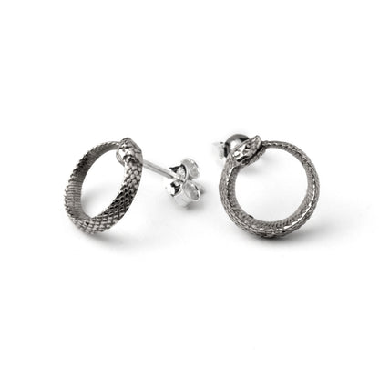Ouroboros Silver Ear Studs front and side view