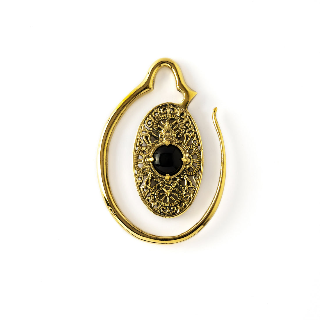 single golden large ear weights hangers oval shaped with intricate filigree pattern an black onyx