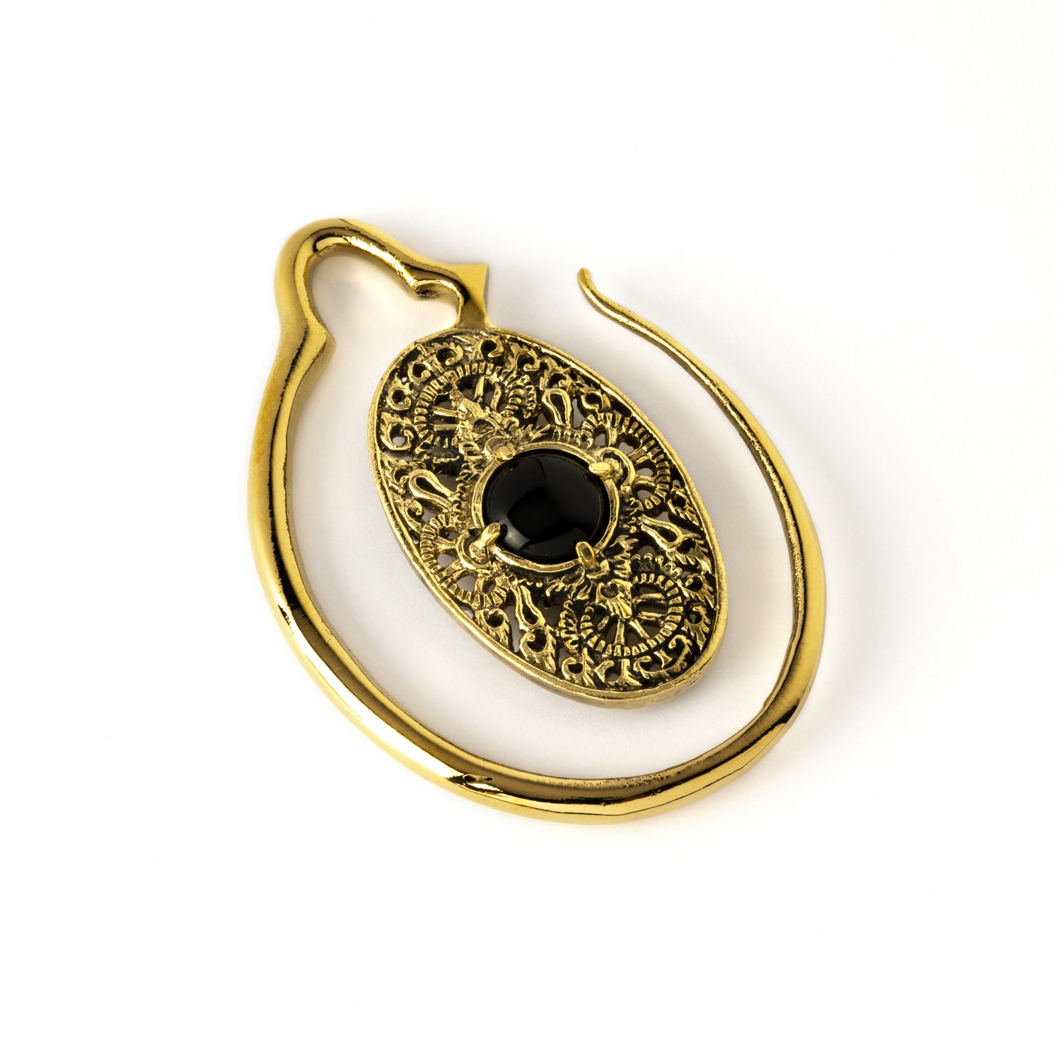 golden large ear weights hangers oval shaped with intricate filigree pattern an black onyx left side