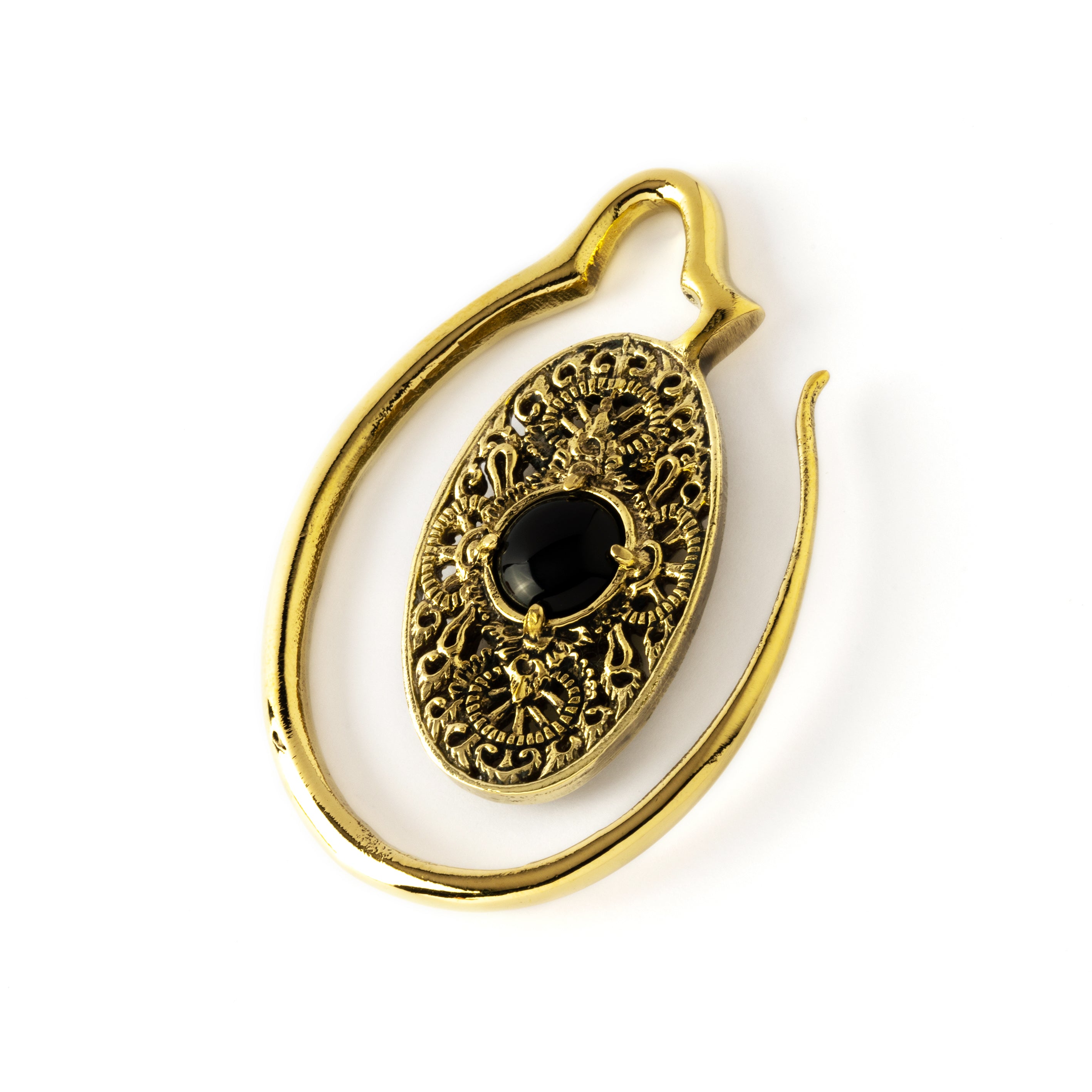 golden large ear weights hangers oval shaped with intricate filigree pattern an black onyx right view