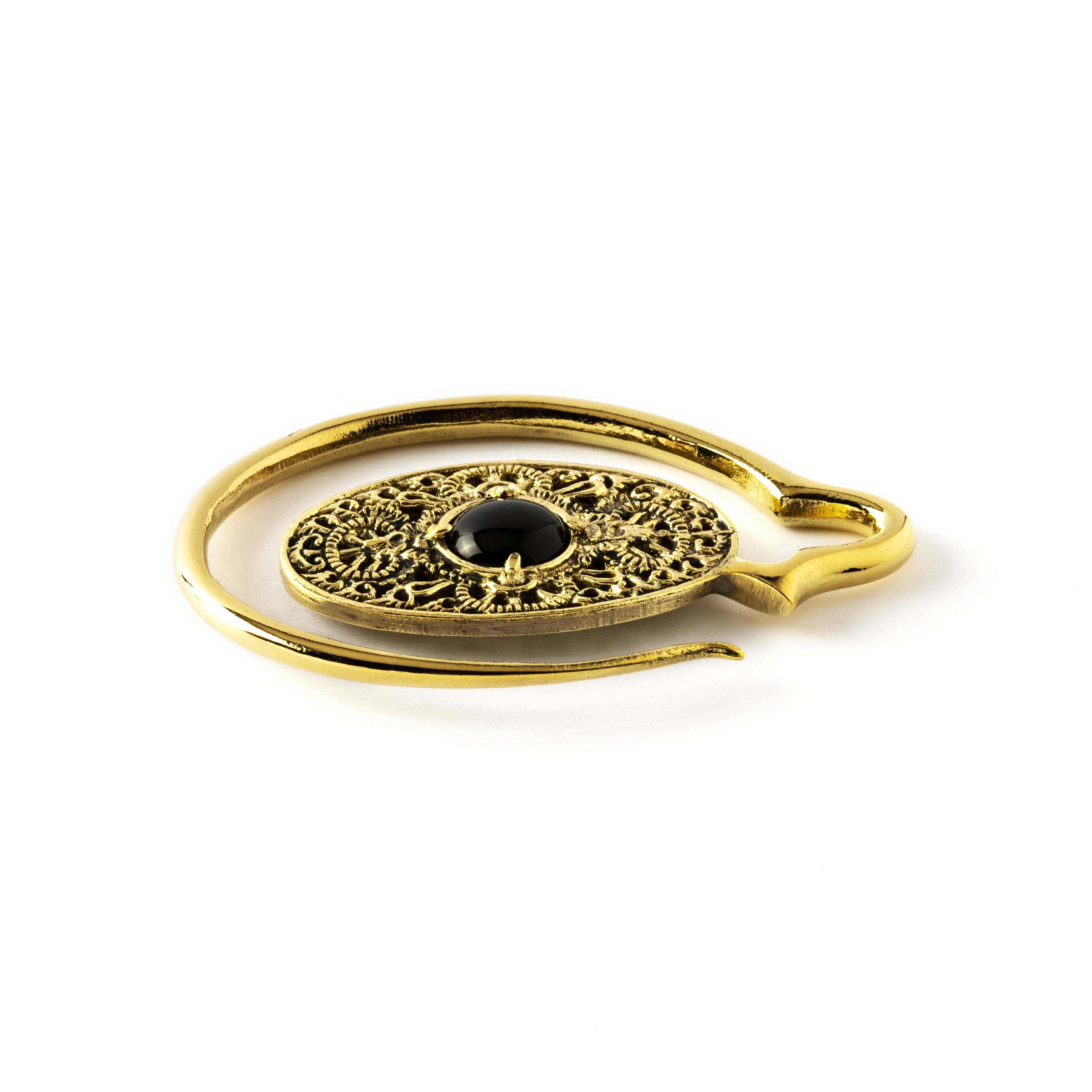 golden large ear weights hangers oval shaped with intricate filigree pattern an black onyx down view