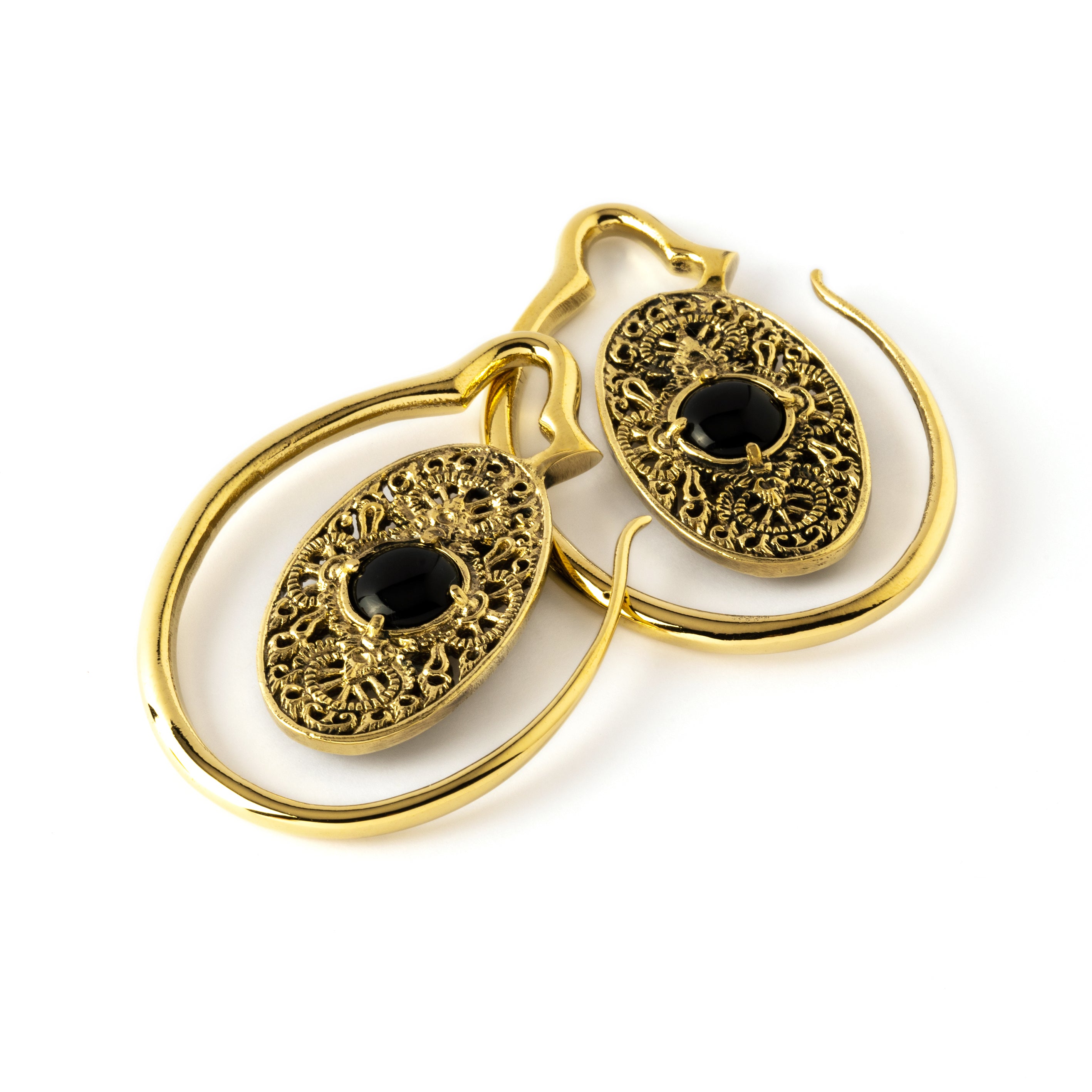 golden large ear weights hangers oval shaped with intricate filigree pattern an black onyx