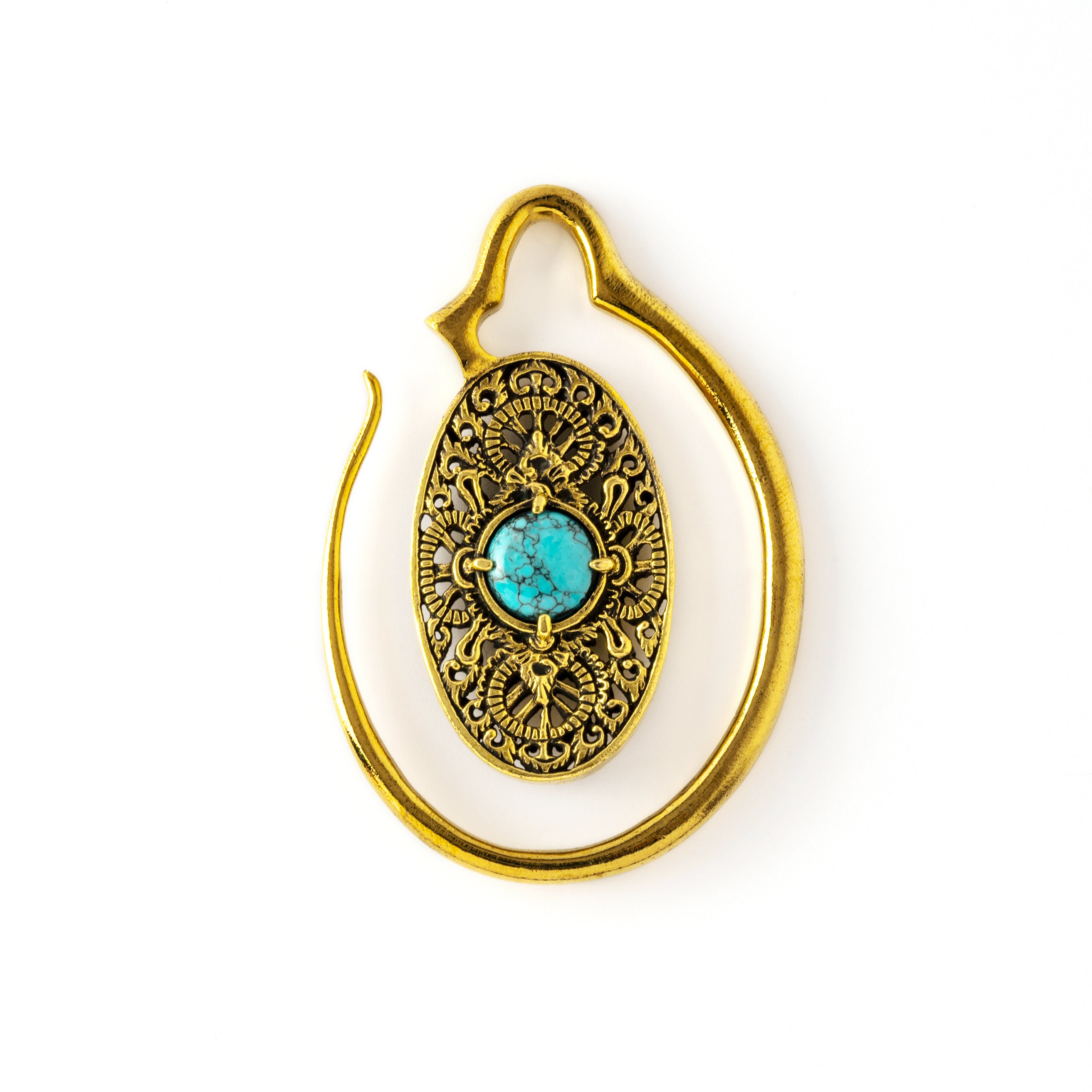 single golden large ear weights hangers oval shaped with intricate filigree pattern and turquoise