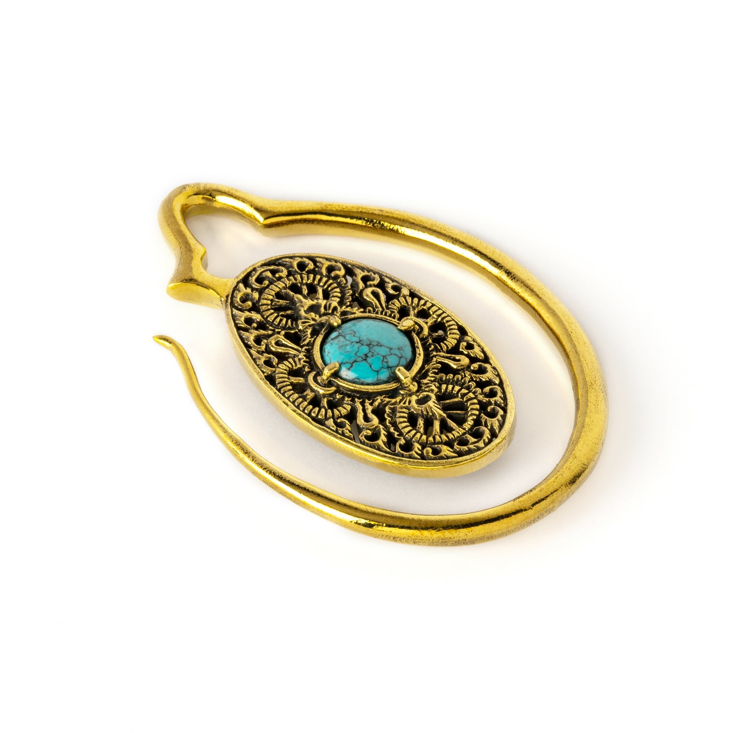 golden large ear weights hangers oval shaped with intricate filigree pattern and turquoise left view