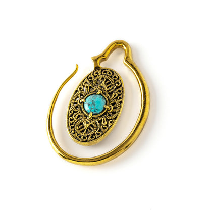 golden large ear weights hangers oval shaped with intricate filigree pattern and turquoise right view
