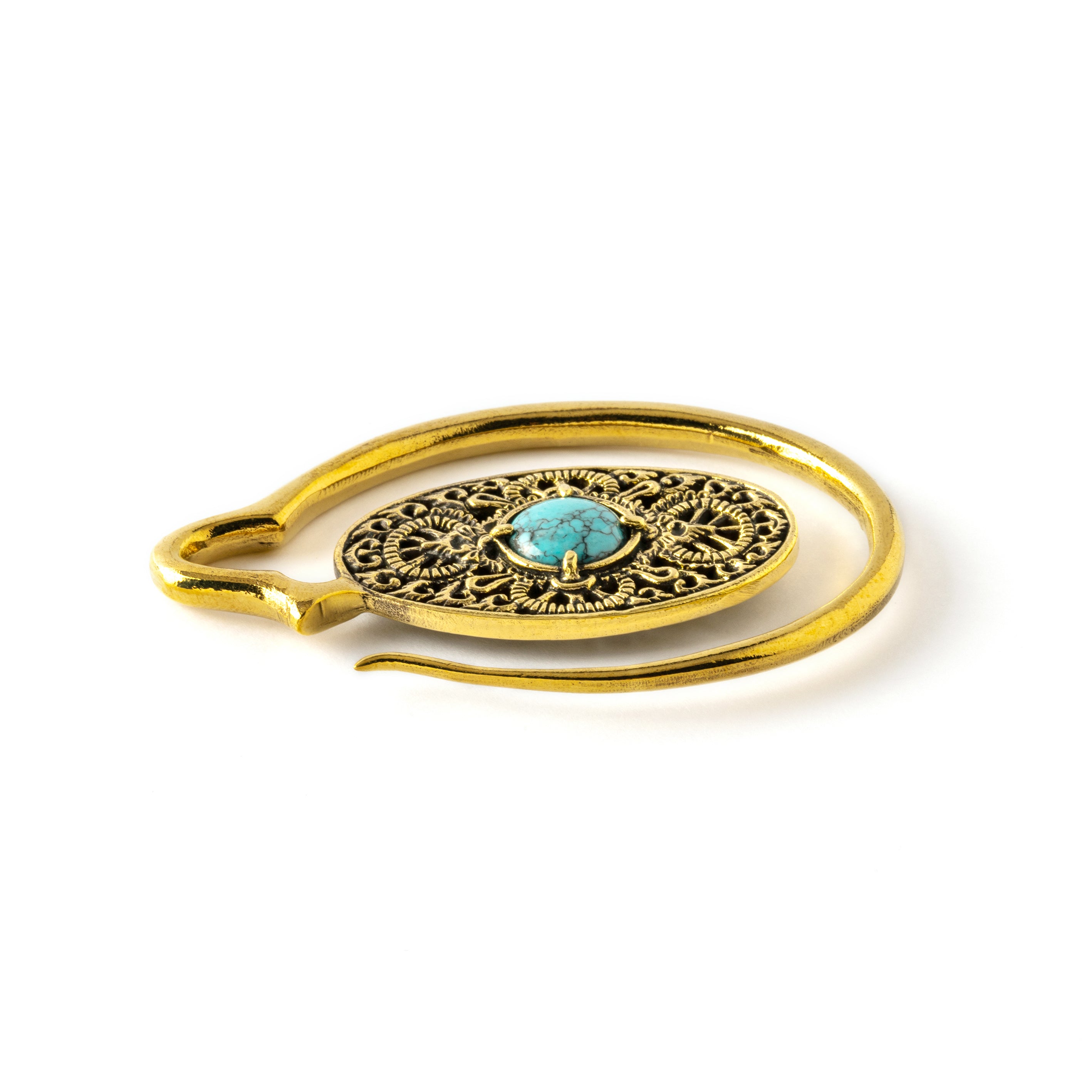 golden large ear weights hangers oval shaped with intricate filigree pattern and turquoise down view