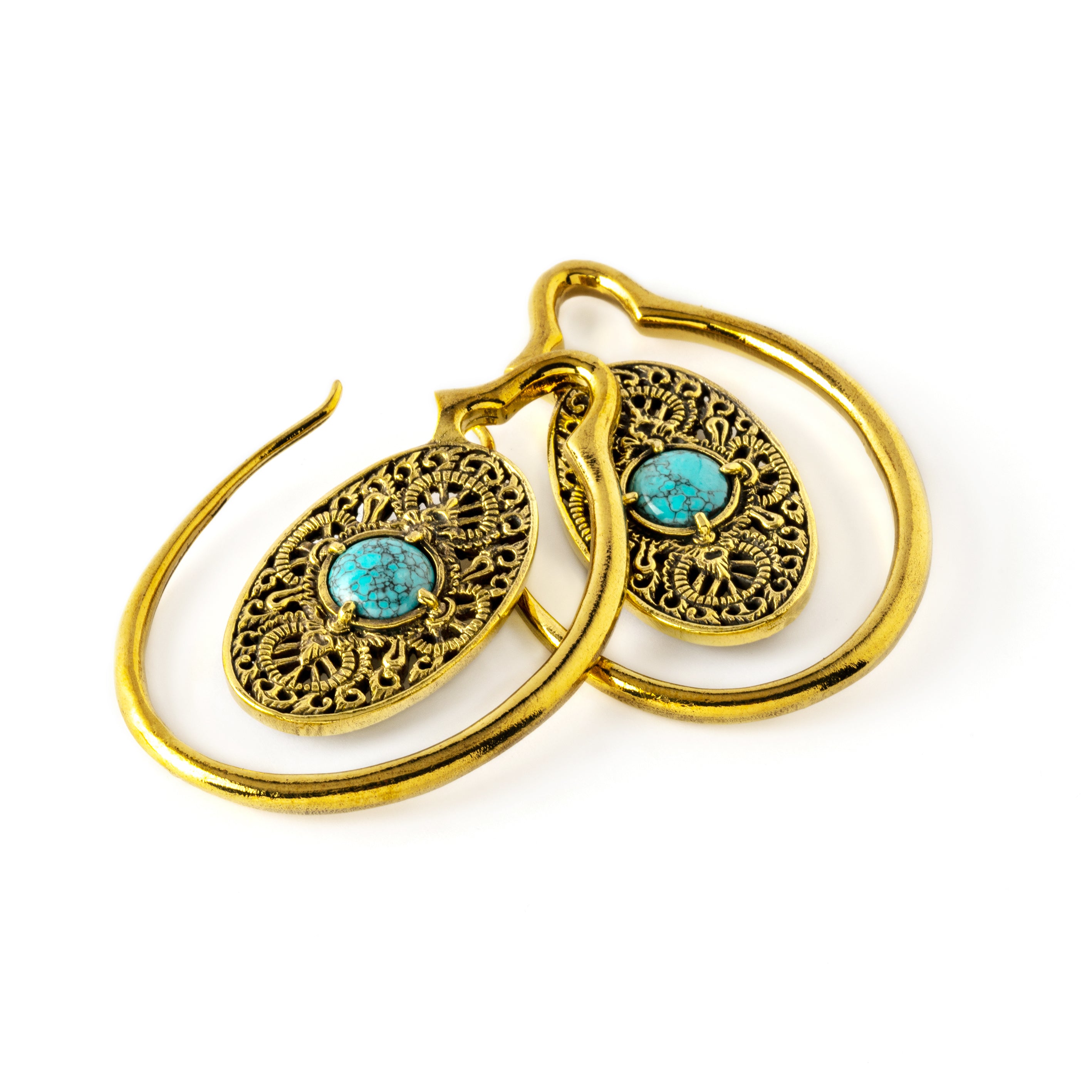 golden large ear weights hangers oval shaped with intricate filigree pattern and turquoise