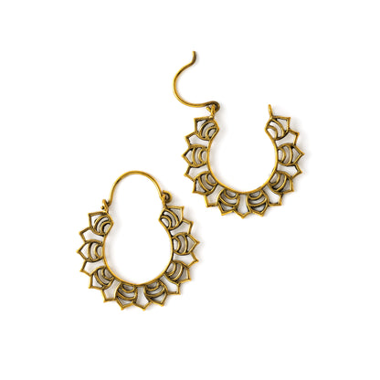 pair of golden brass open lotus flower hoop earrings frontal open mode view