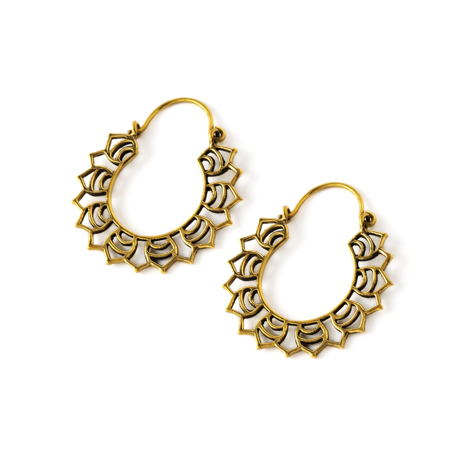 pair of golden brass open lotus flower hoop earrings right side view