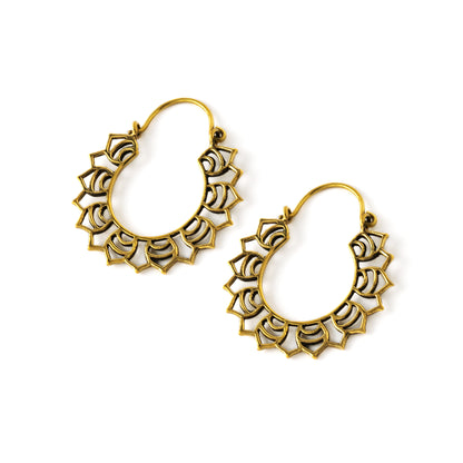 pair of golden brass open lotus flower hoop earrings right side view