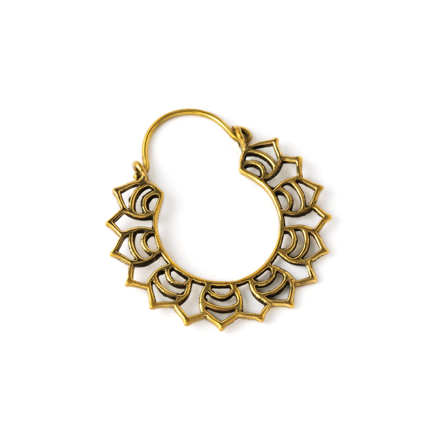 single golden brass open lotus flower hoop earring left side view
