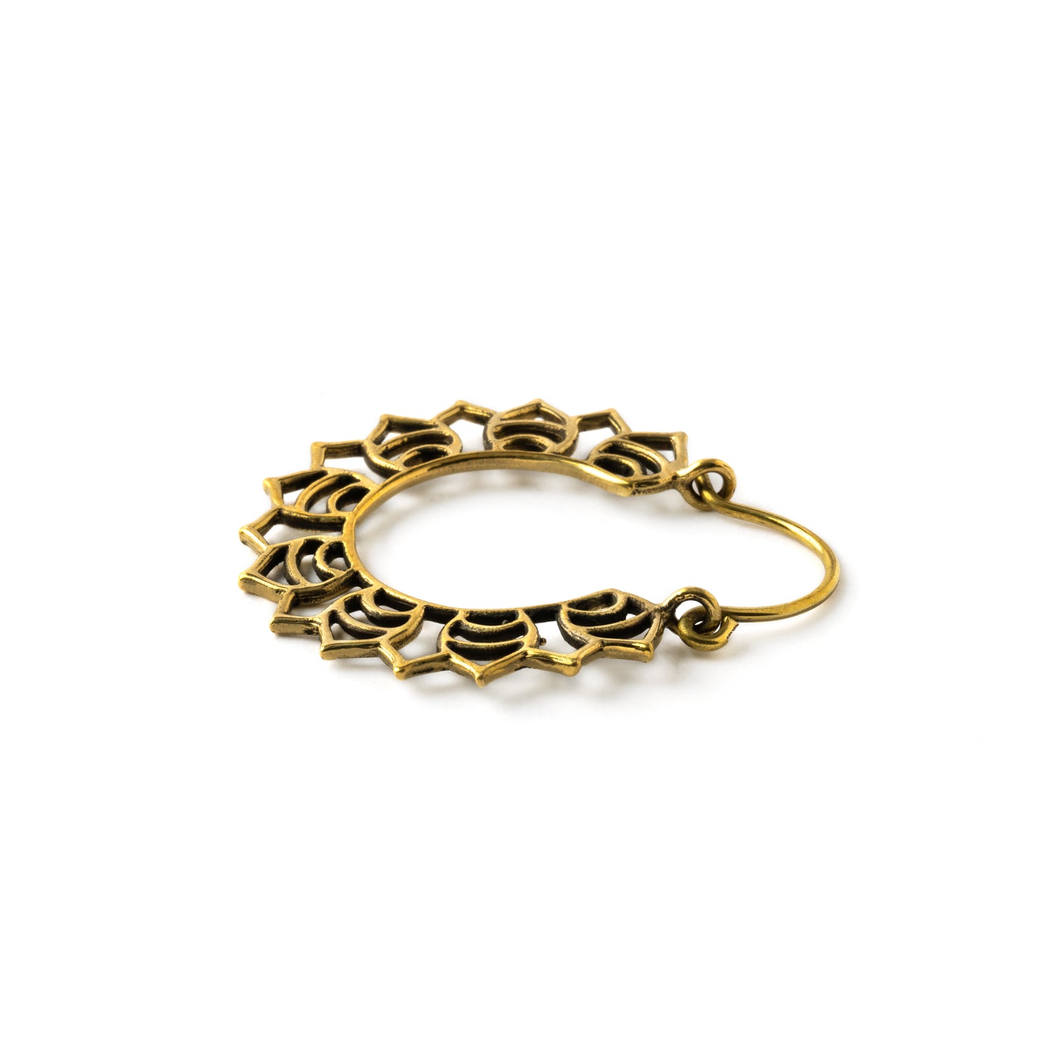 single golden brass open lotus flower hoop earring side view