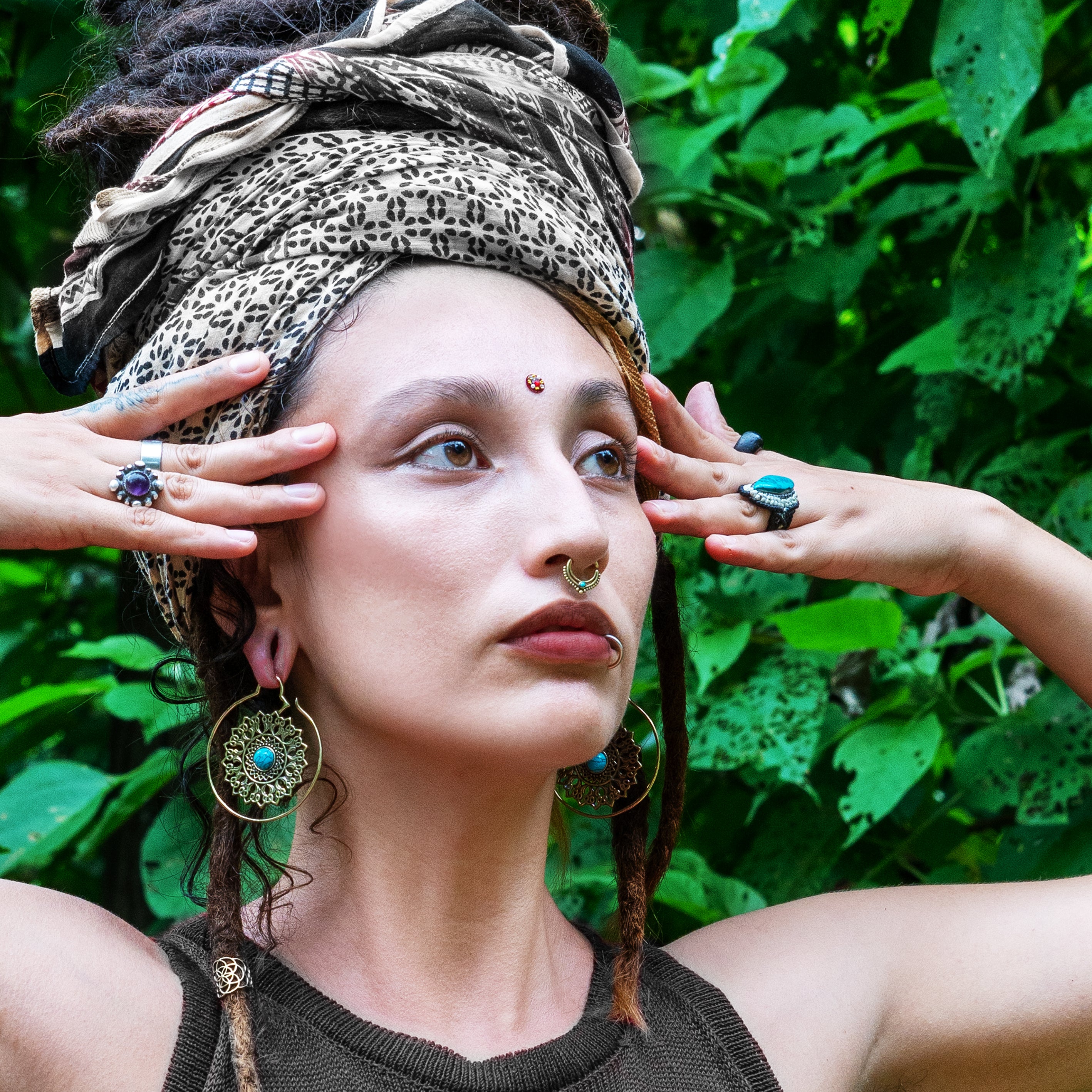 model wearing Turquoise Padma Mandala Earrings