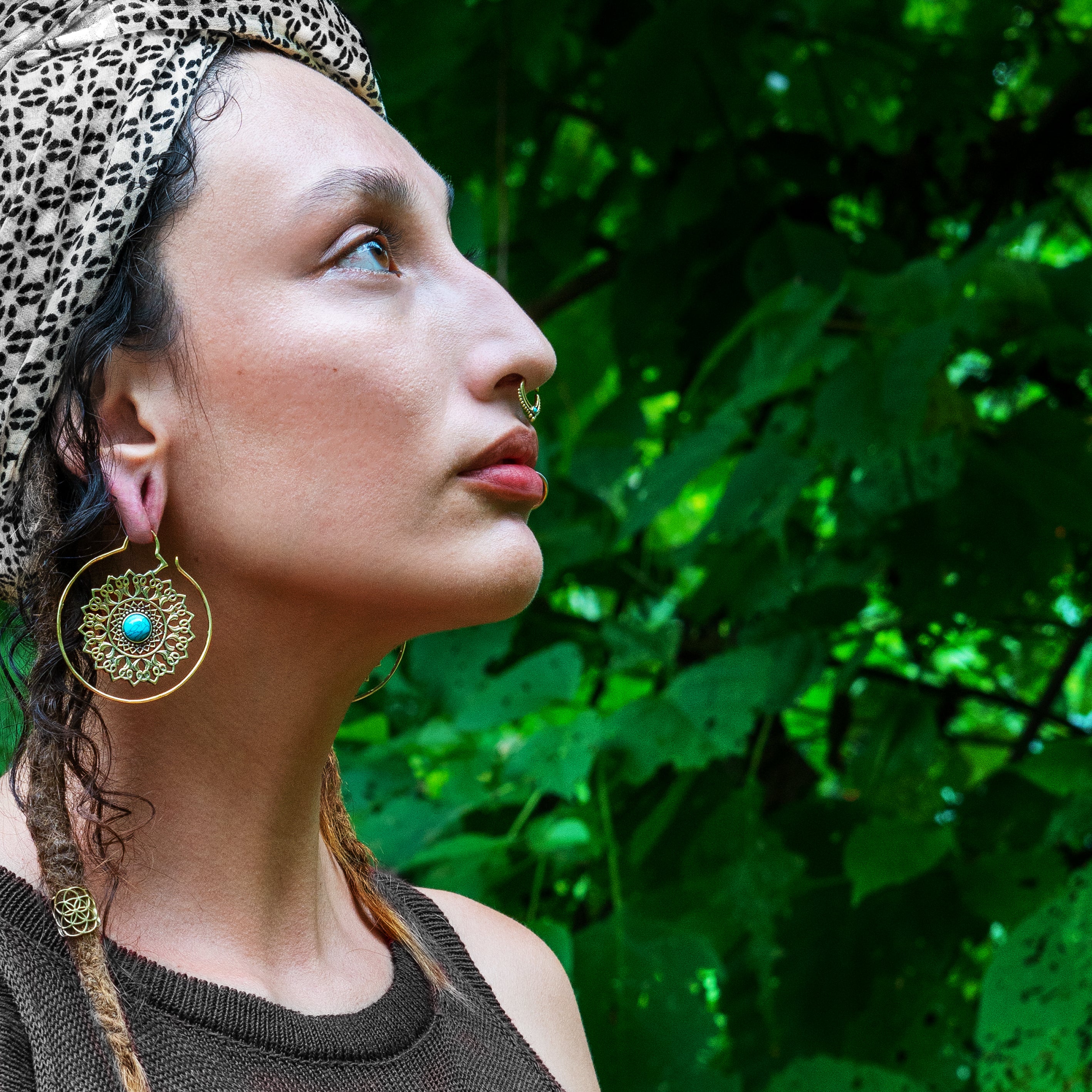 model wearing Turquoise Padma Mandala Earrings