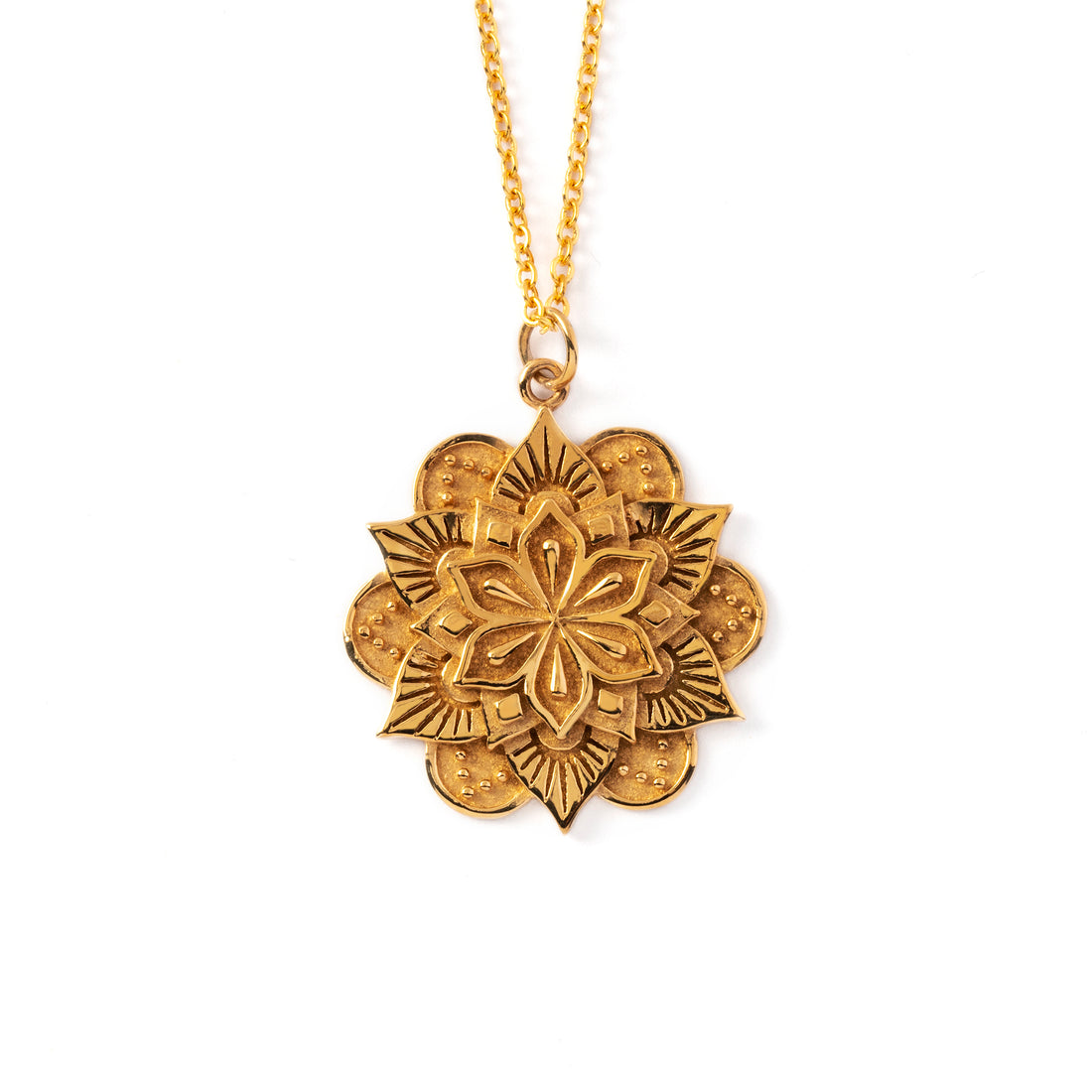 Padma mandala necklace in bronze frontal view