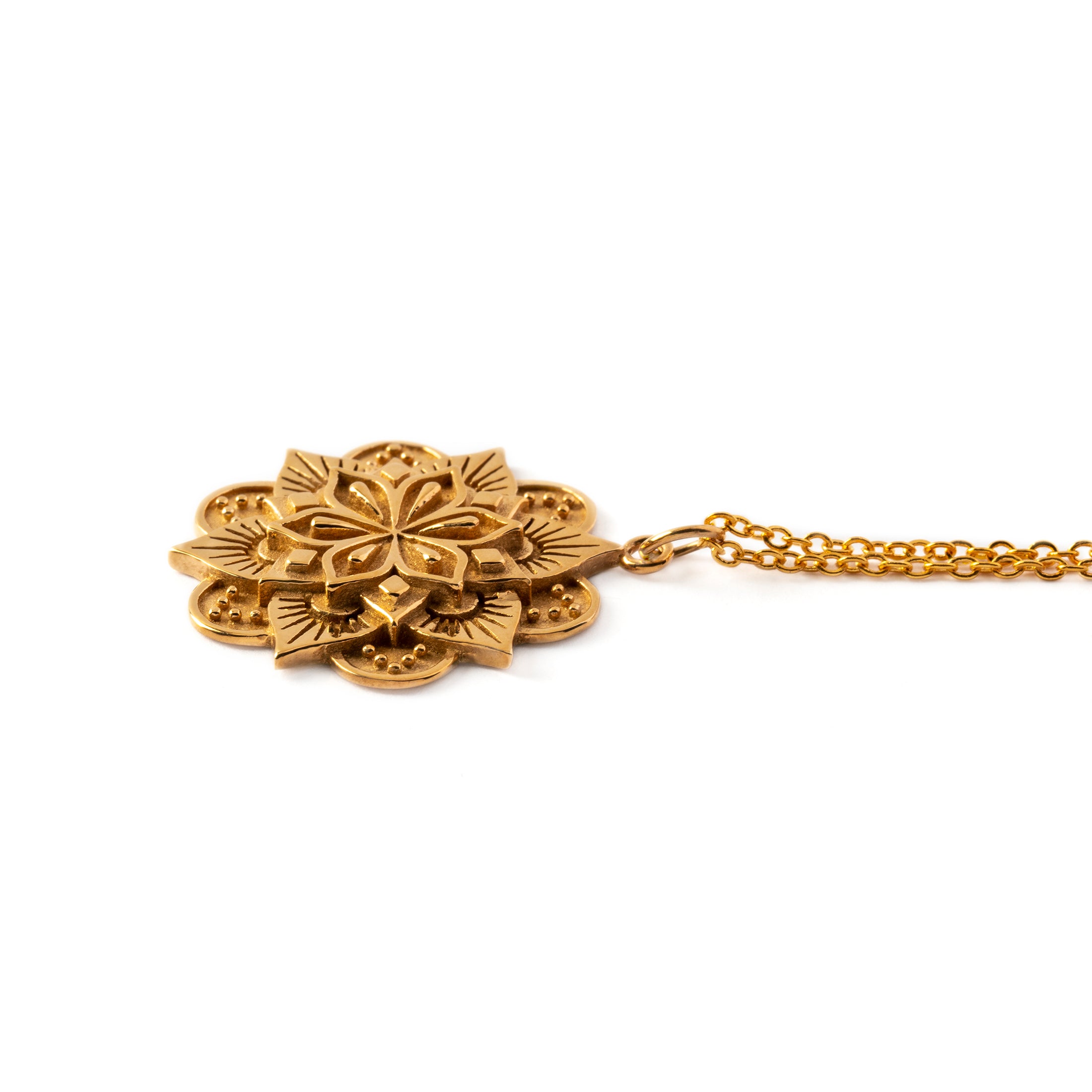 Padma mandala necklace in bronze side view