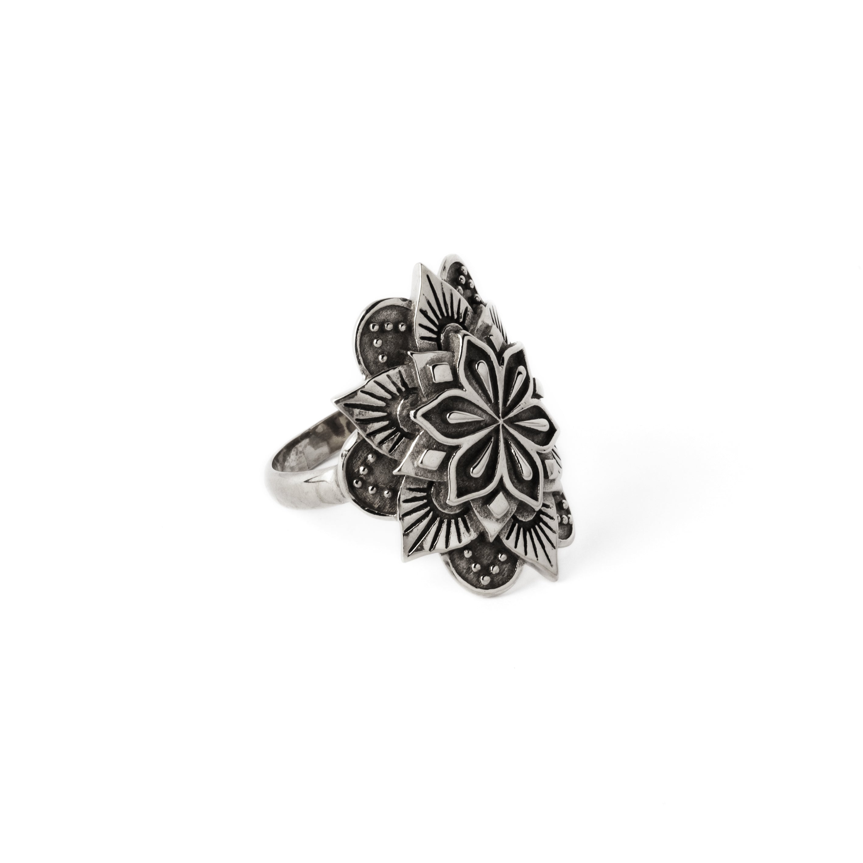 Silver Padma Mandala ring right side view
