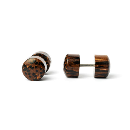 pair of dark Palm wood fake gauge plug earrings side and front view