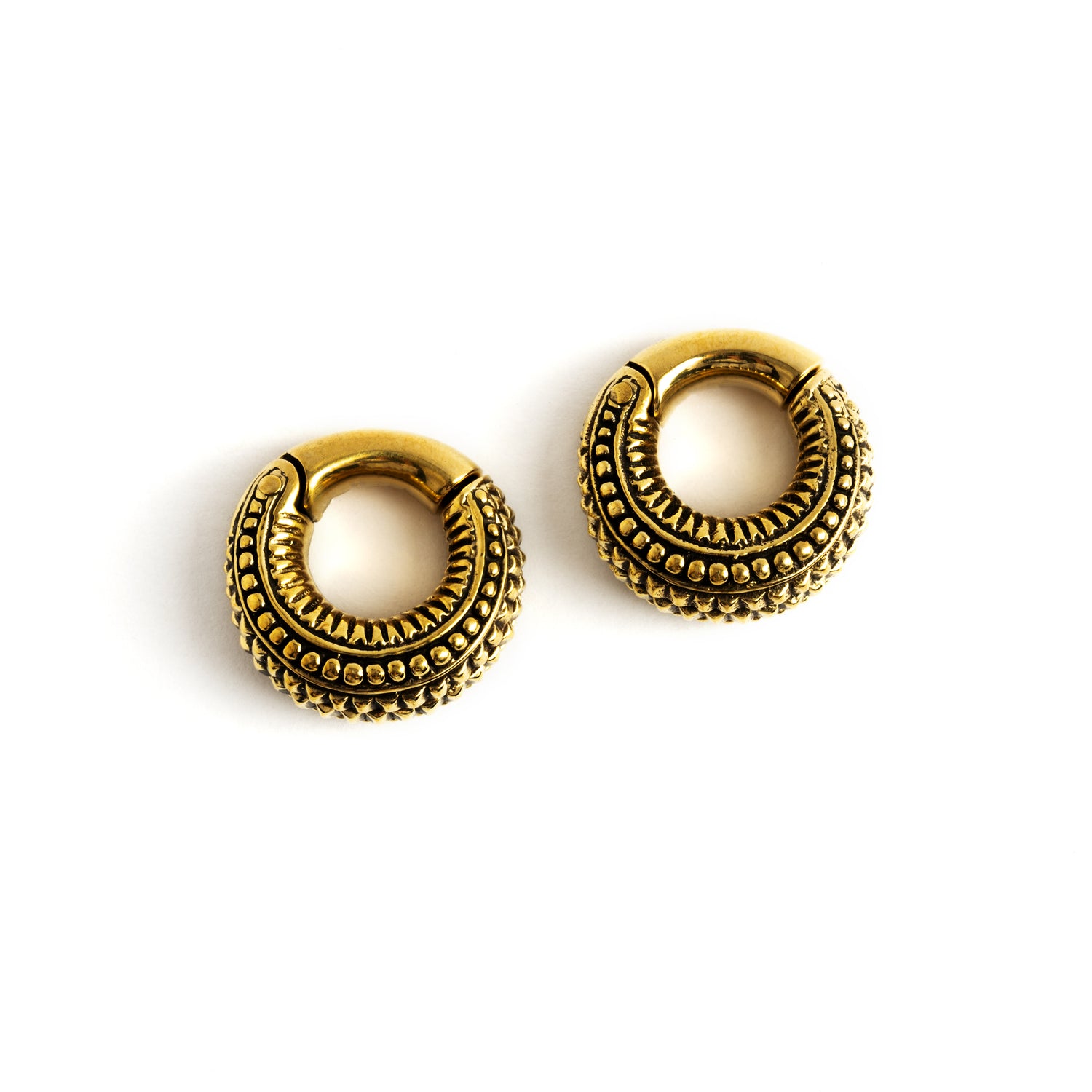 pair of 6g gold brass tribal ear weights hoops frontal view