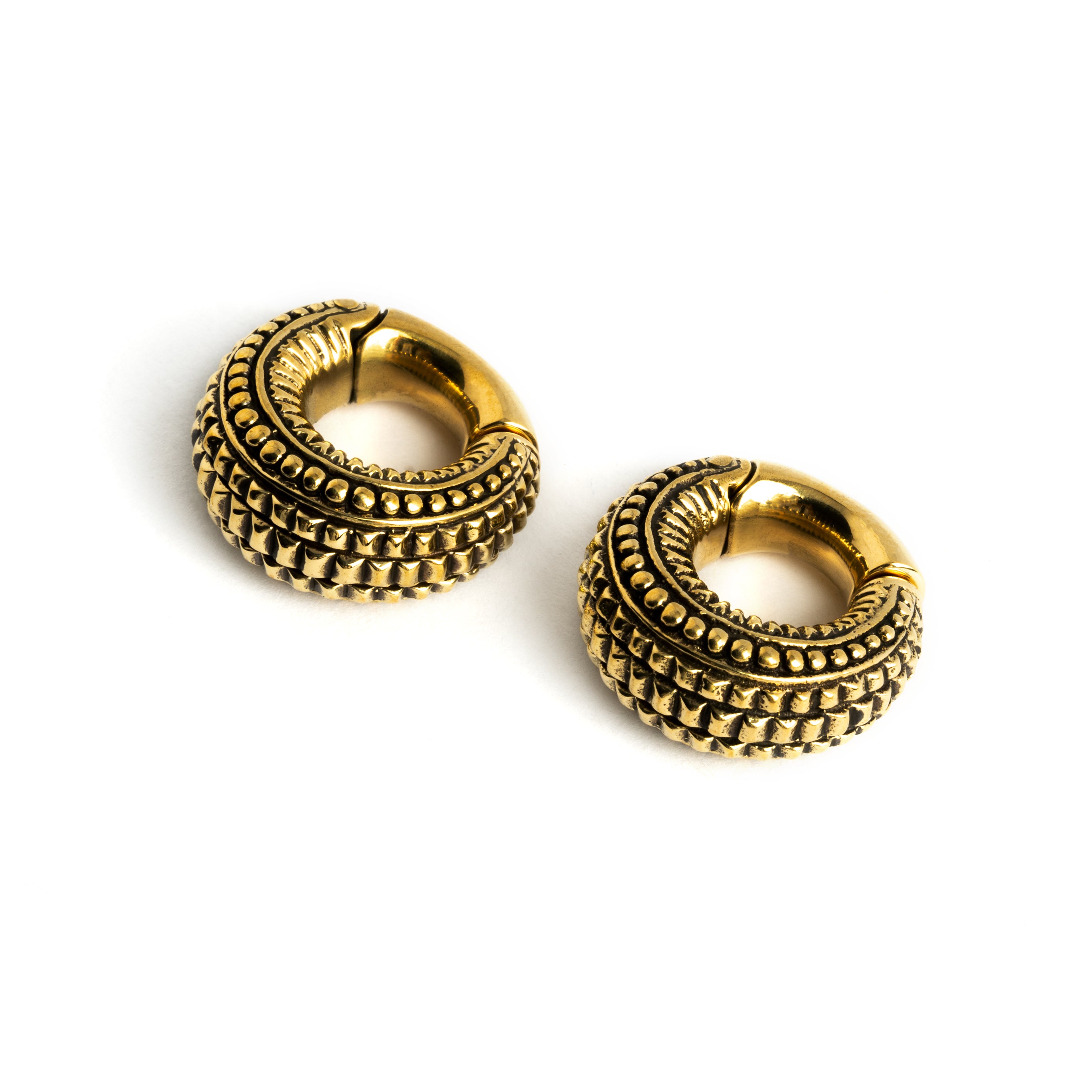 pair of 6g gold brass tribal ear weights hoops side view
