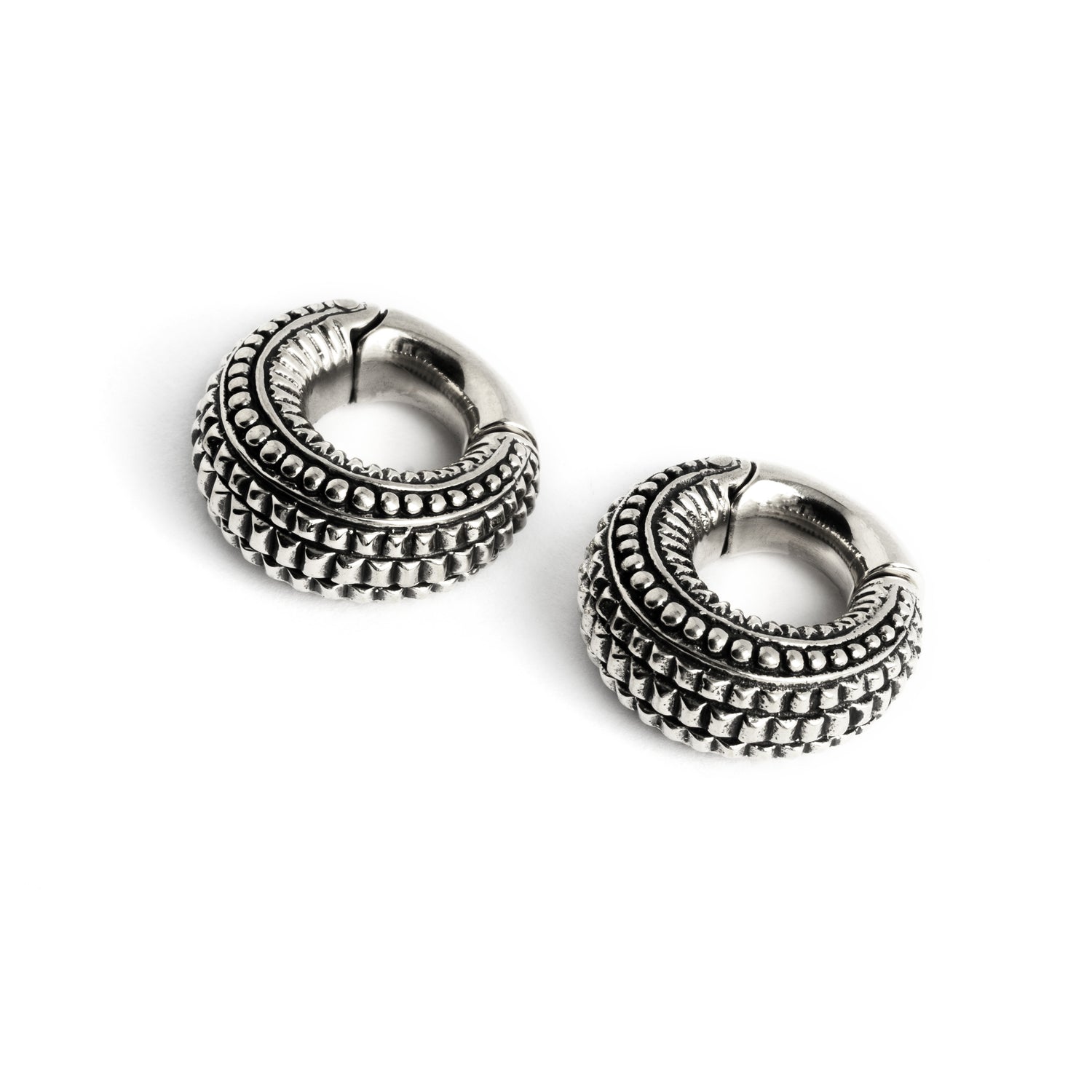 pair of 6g silver brass tribal ear weights hoops side view