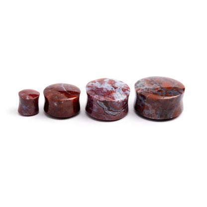 several sizes of Poppy Jasper double flare stone ear plugs side view