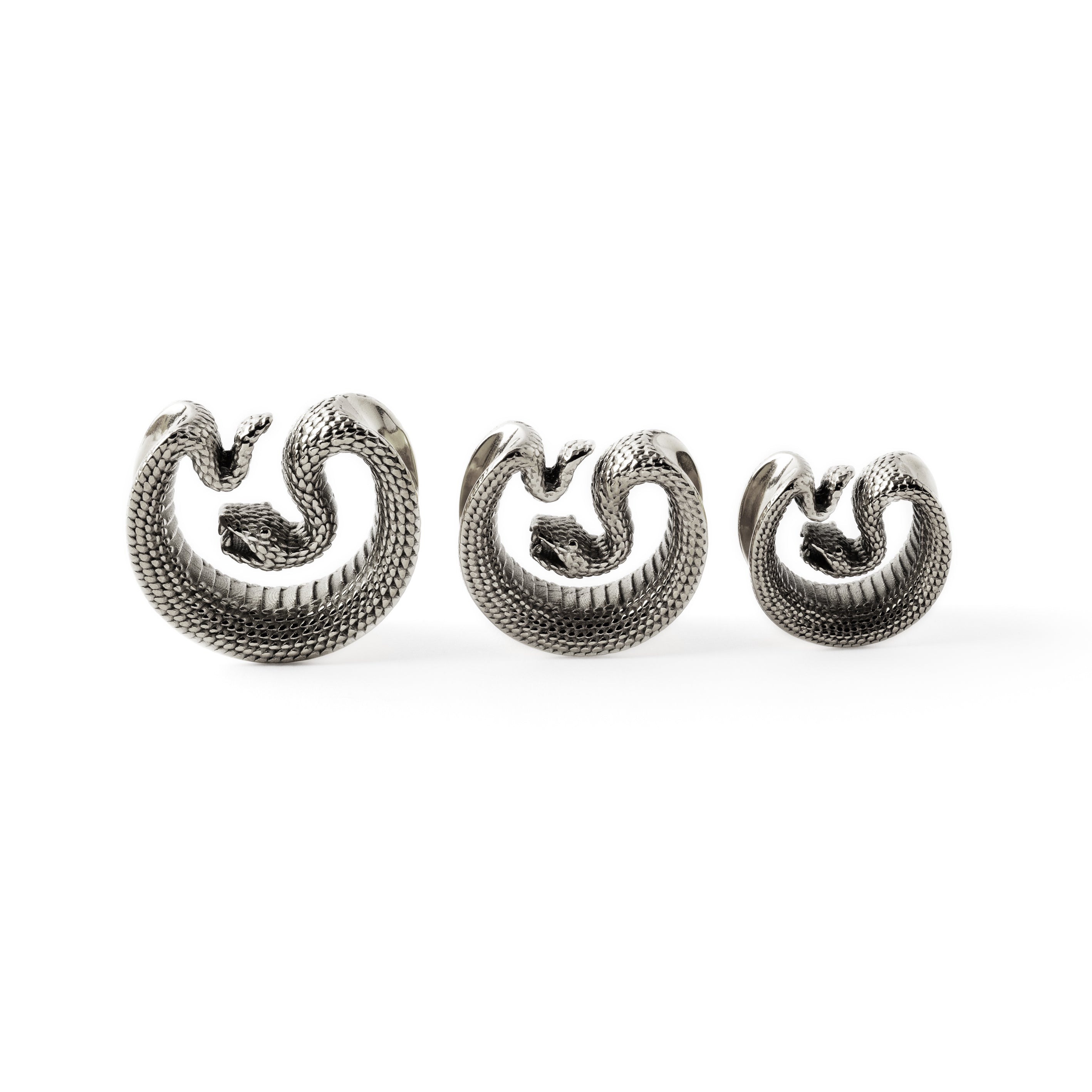 different sizes of surgical steel python snake plug tunnel frontal view