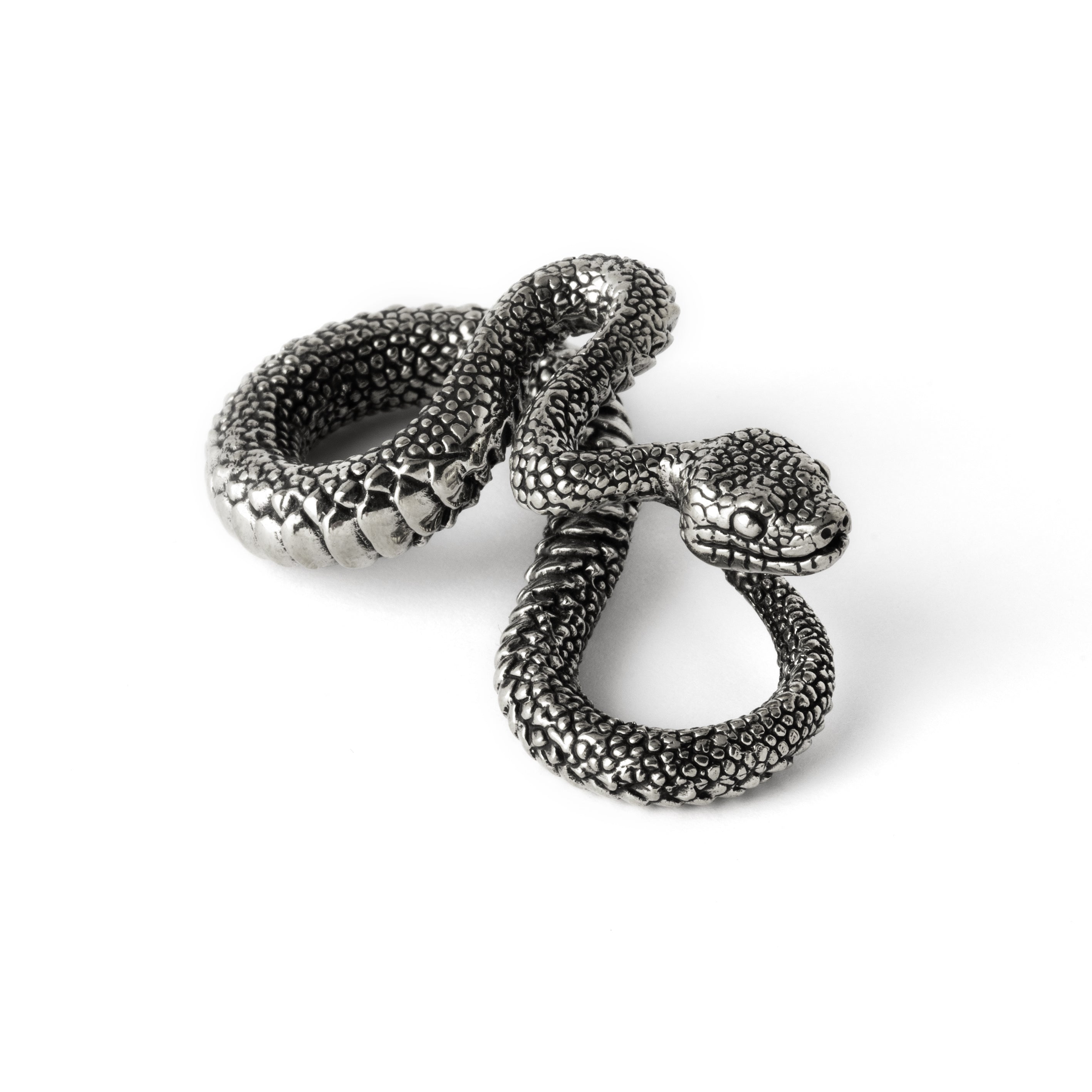 single silver brass snake ear weights hangers in infinity shape close up view