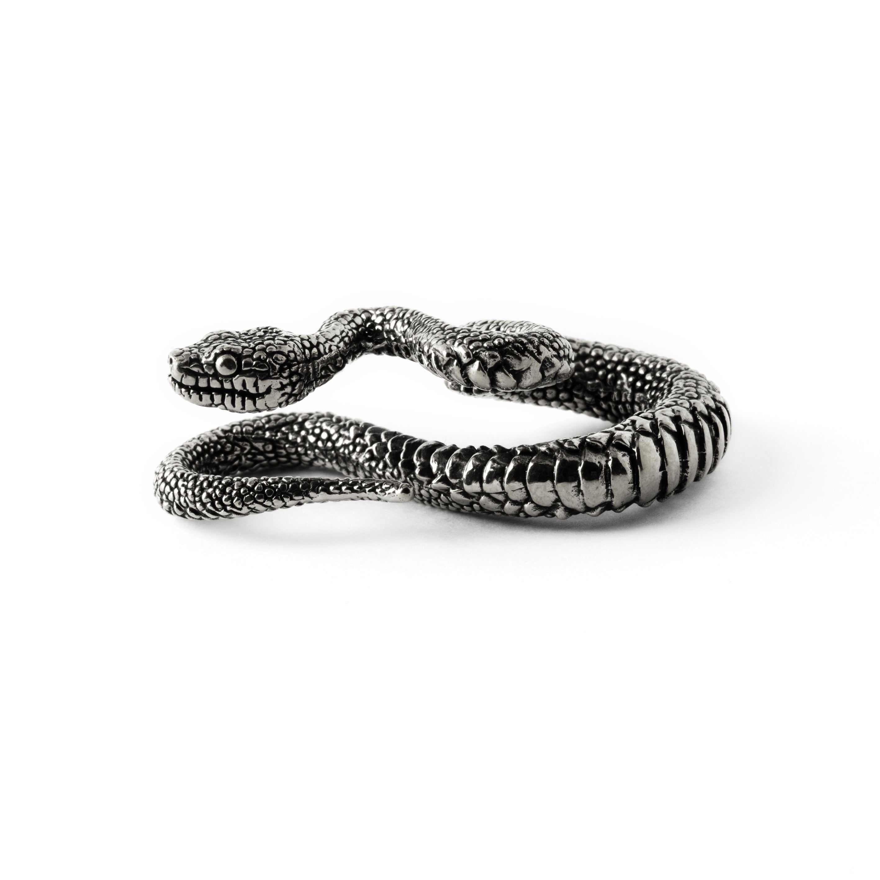 single silver brass snake ear weights hangers in infinity shape close left side view