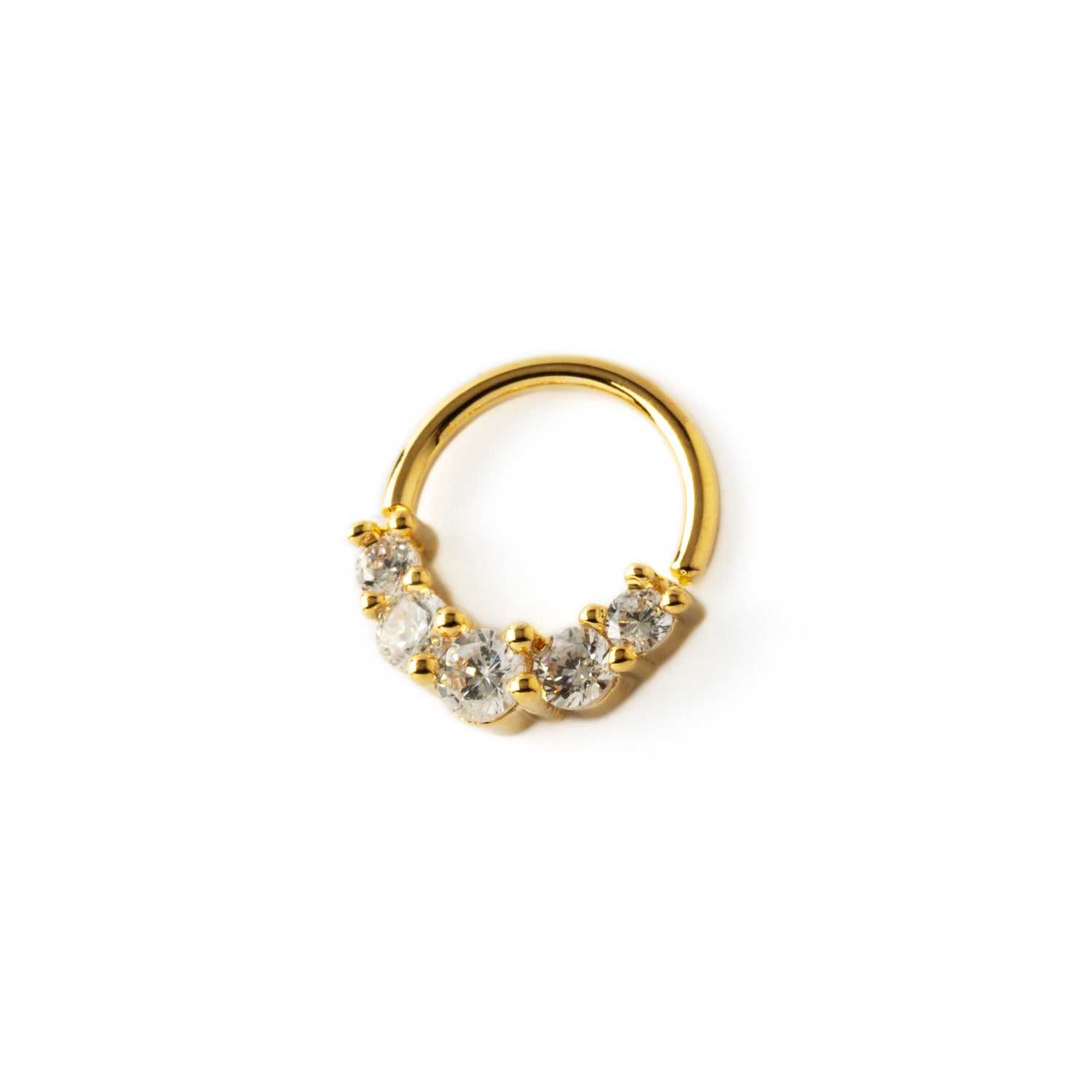 gold surgical steel septum ring with five Cubic Zirconia prongs left side view