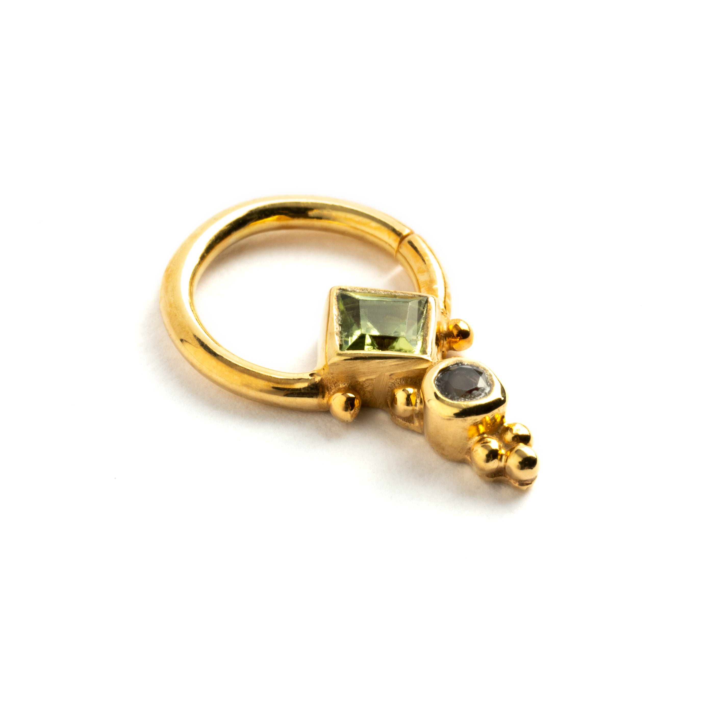 Rishi Gold Septum - Peridot and Smokey Quartz right side view