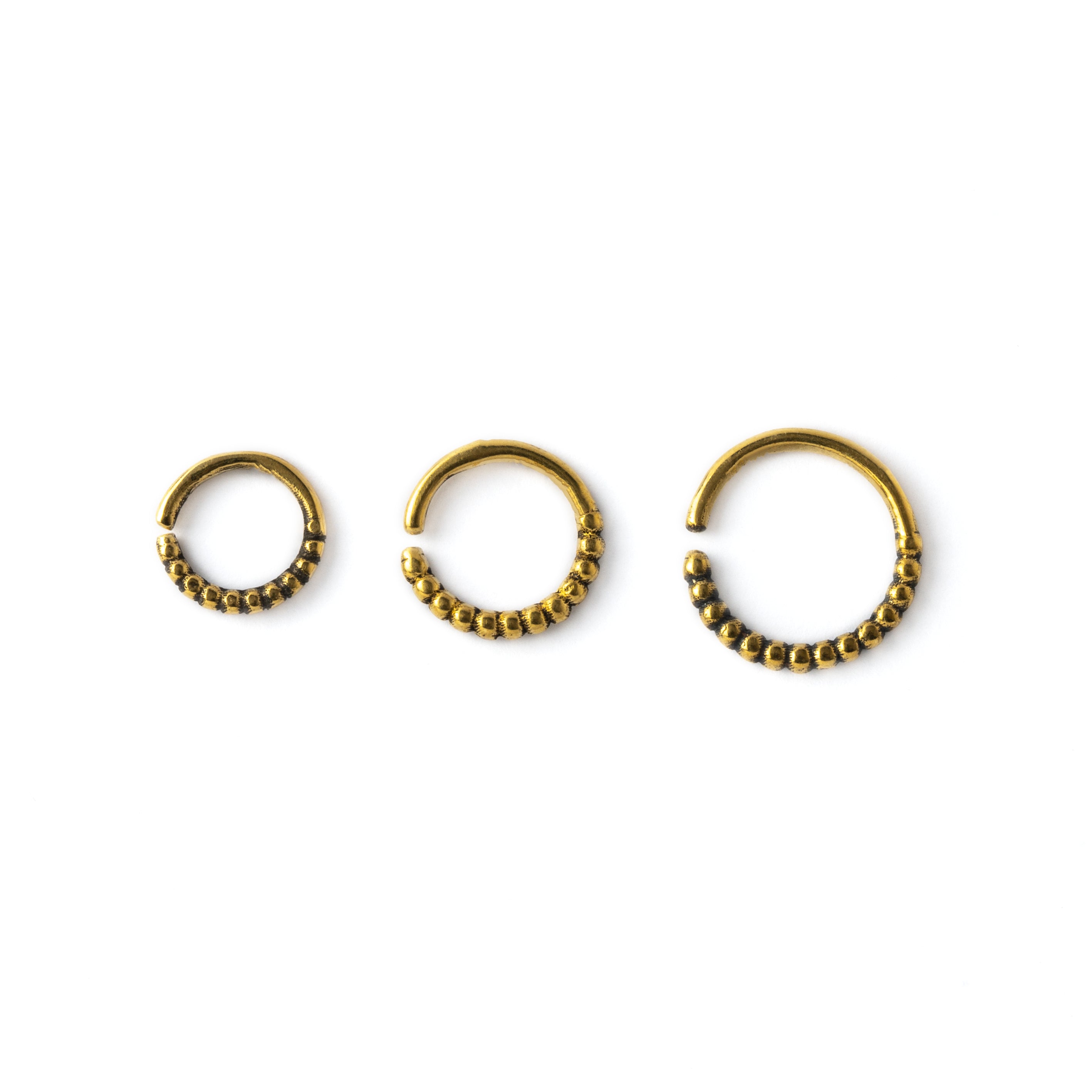 6mm, 8mm, 10mm Ravi golden brass septum rings frontal view
