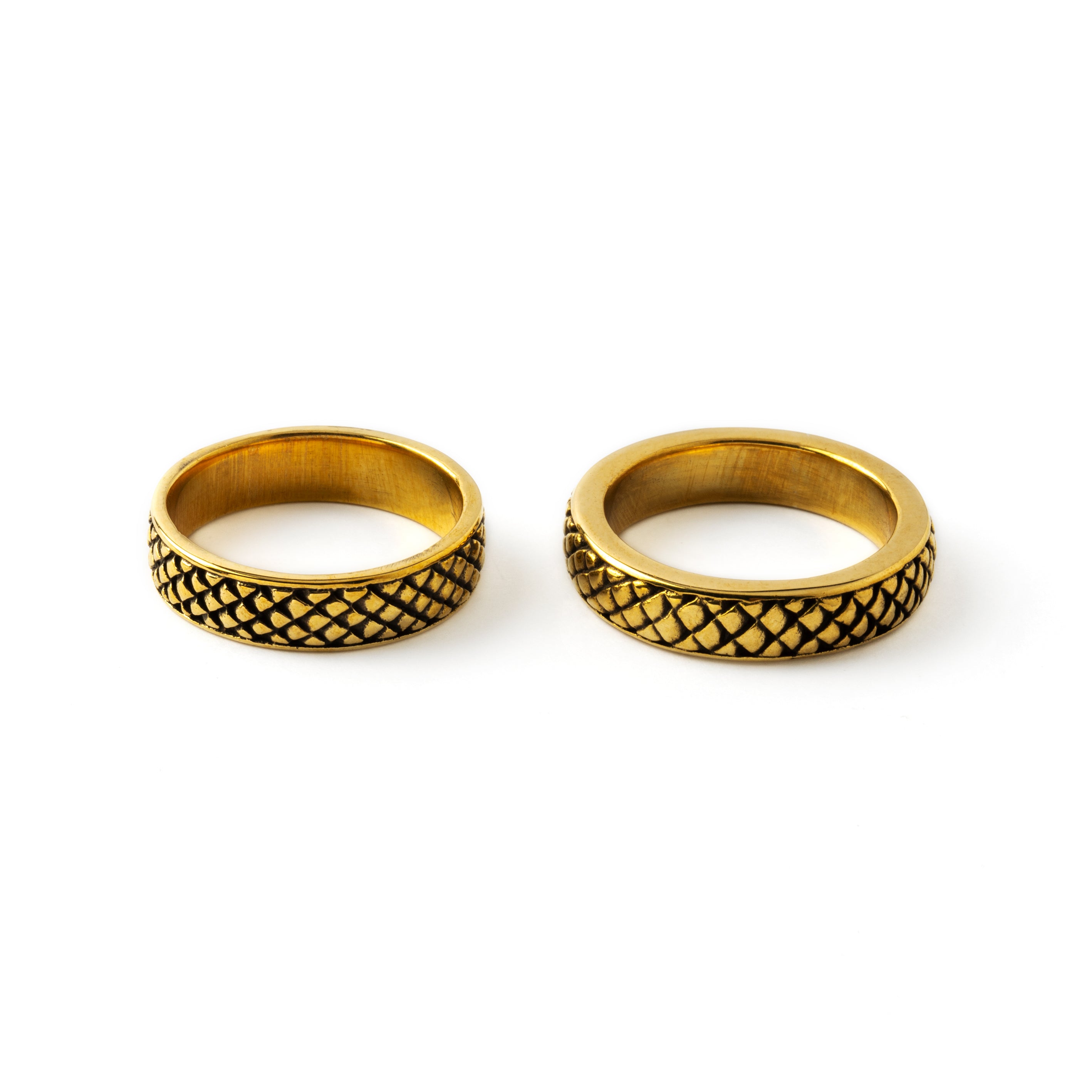 Rebirth- men and women designs golden brass band rings with snake scales frontal view