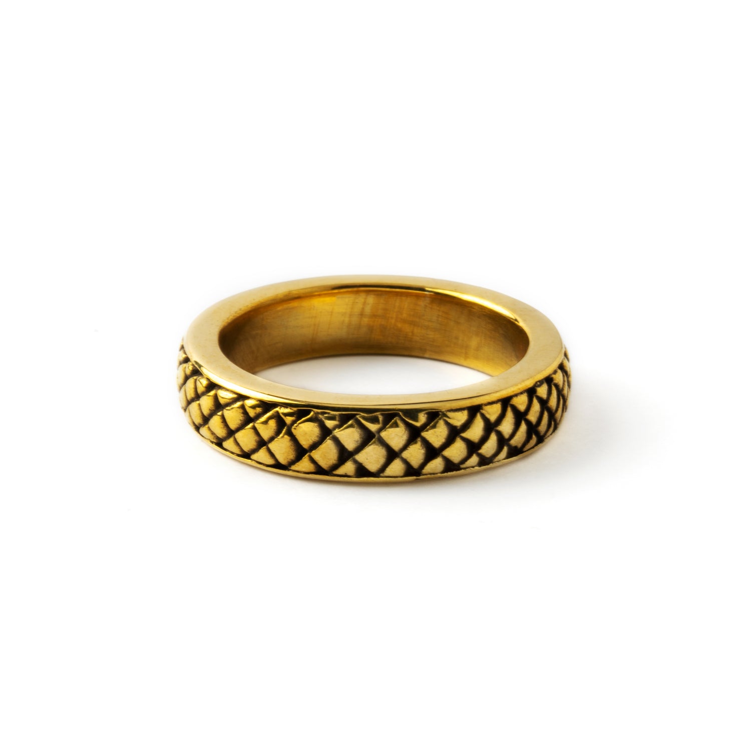 Rebirth- golden brass band ring with snake scales frontal view