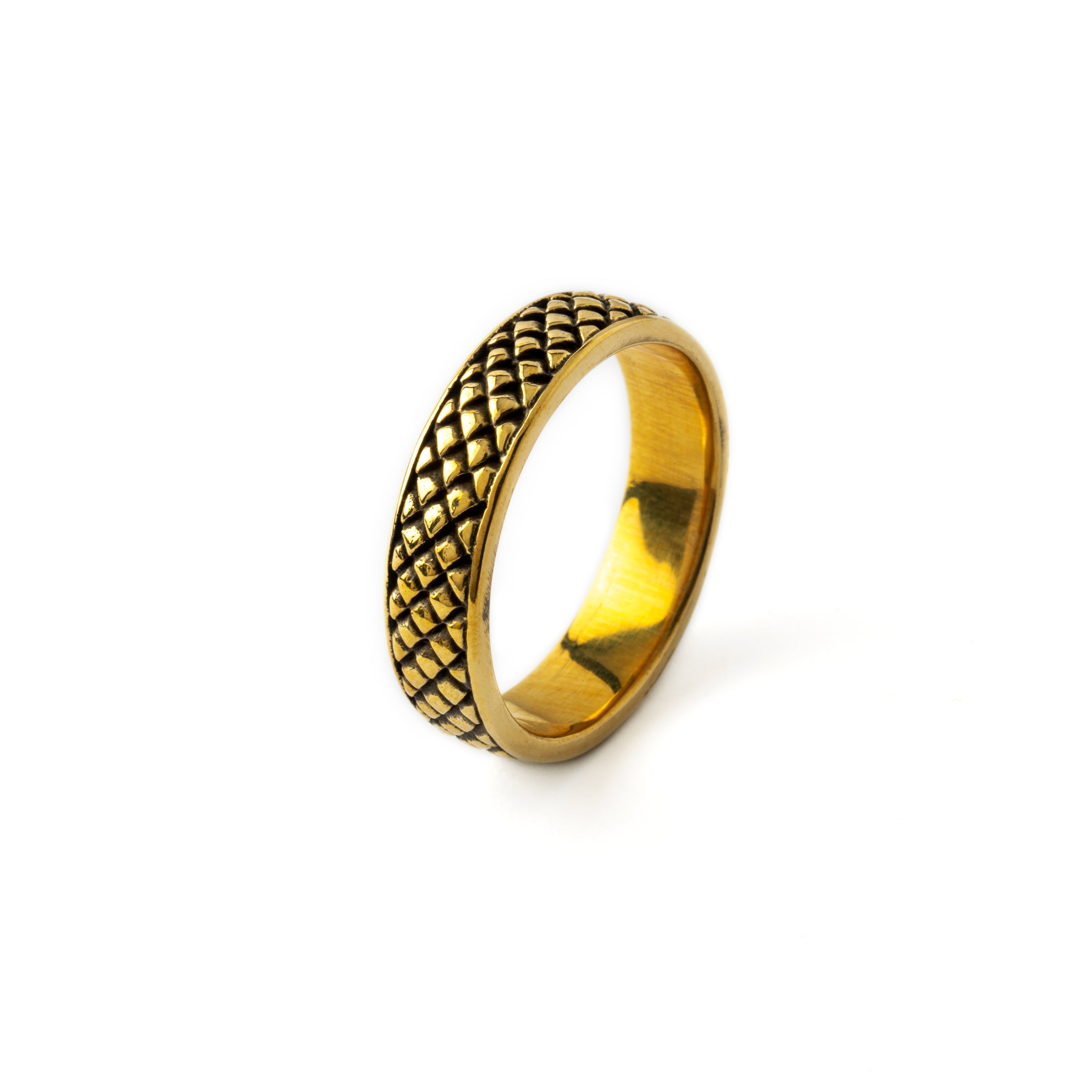 Rebirth- golden brass band ring with snake scales side view