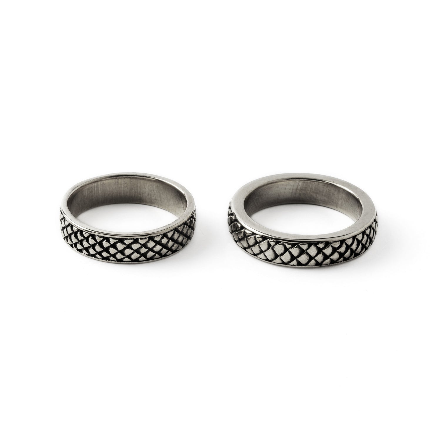 Rebirth- men and women designs silver band rings with snake scales frontal view