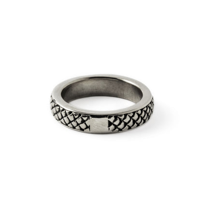 Rebirth- silver band ring with snake scales back view